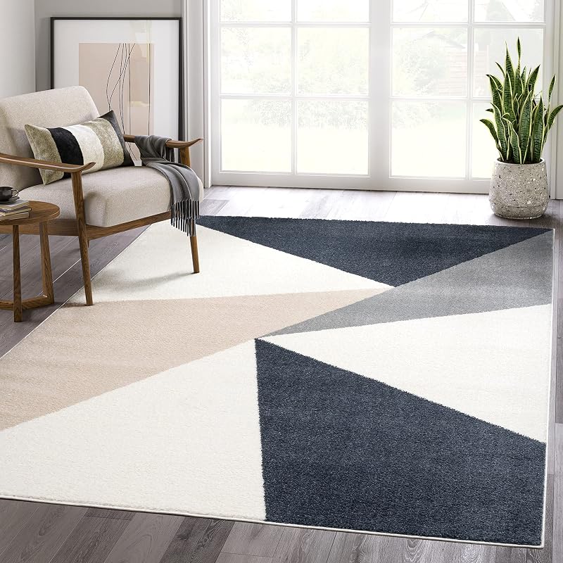 Rugs Gray, Cream and Beige 8 ft. X 10ft. Contemporary Rug. Repeated Triangles in Tones of Cream and Gray Inspired by mid-Century Design. Minimalistic Design Turkish Stain Resistant Area Rug.