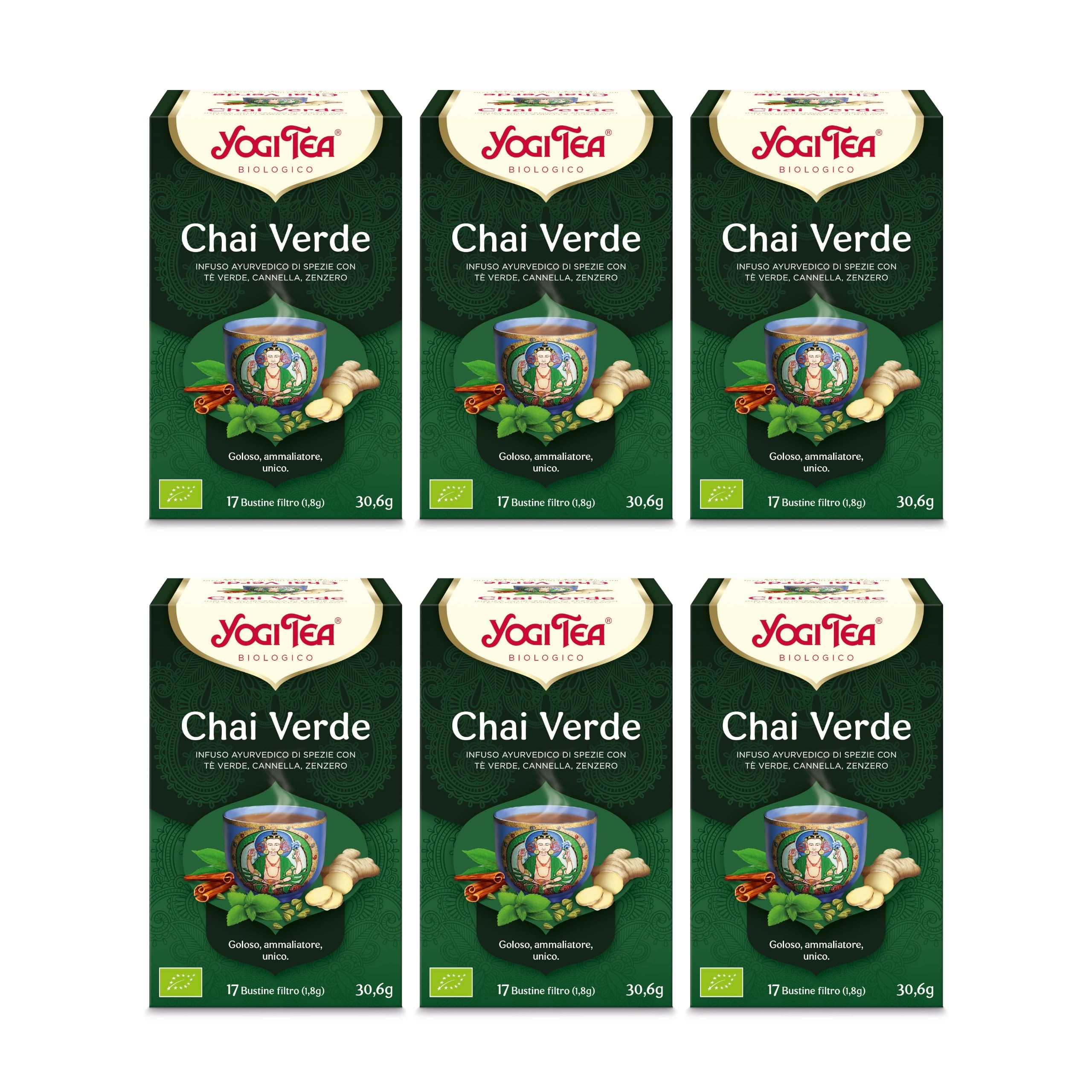 Yogi Tea Chai Verde Bio - Infuso Ayurvedico - Miscela di Tè Verde, Cannella e Zenzero - Confezione da 6x17 bustine (102 bustine in totale)