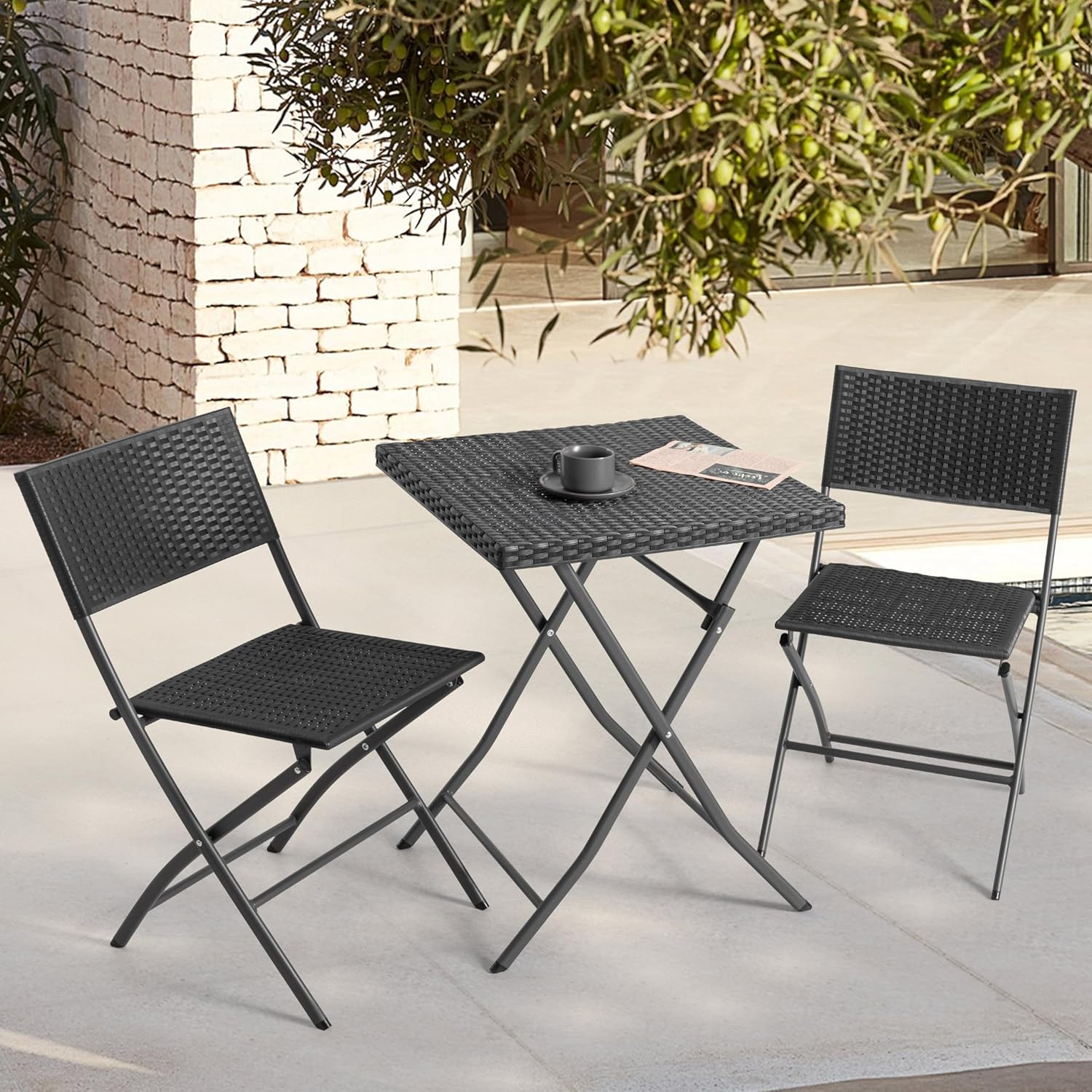 NUU GARDEN Patio Set for 2 Folding Bistro Set Outdoor, Weather-Resistant PP Rattan Small Patio Table and Chairs, 3 Piece Folding Patio Furniture Set, Black