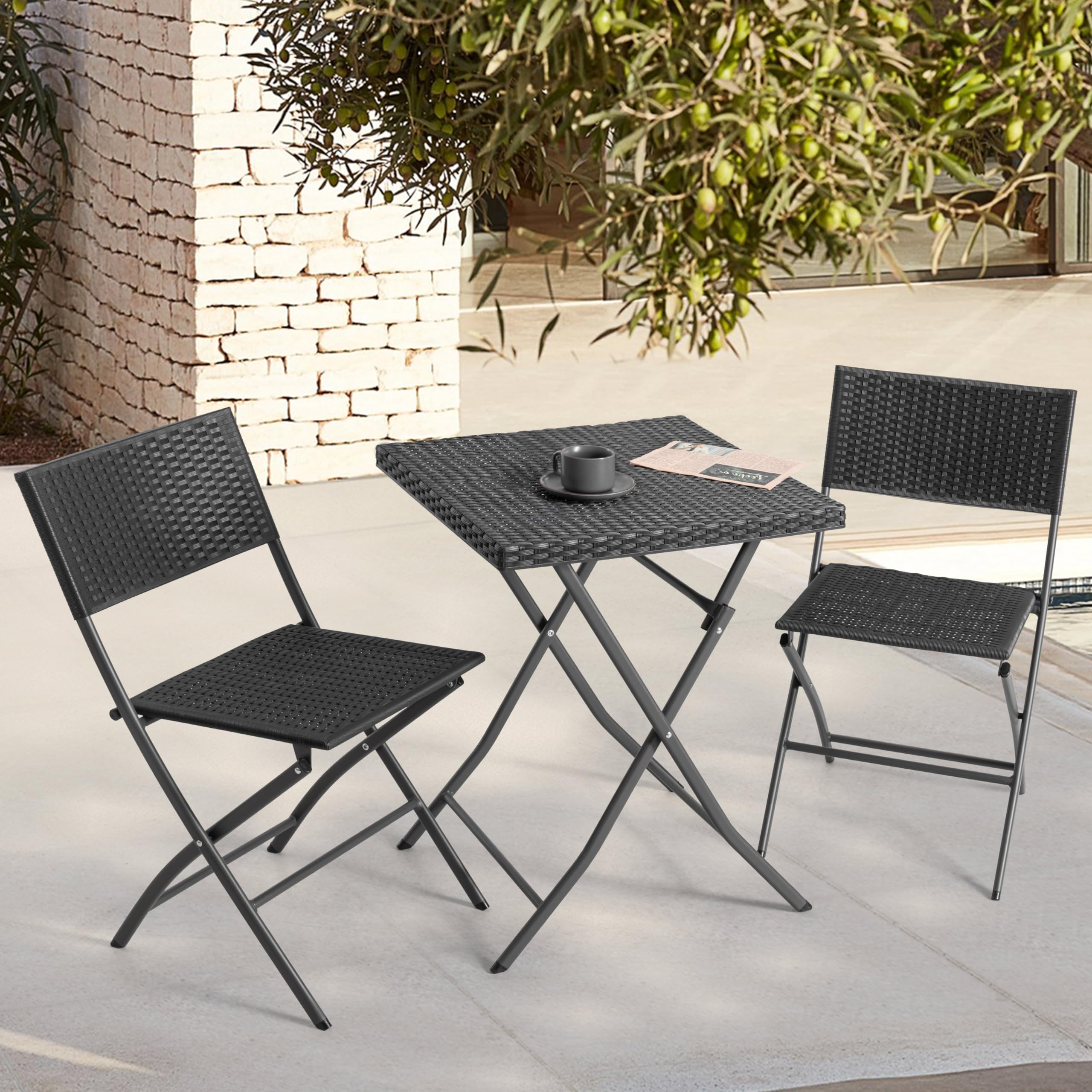 Avestar Ensemble de Bistrot Pliable 3 Pièces Table & 2 Chaises en Rotin PP, Résistant aux Intempéries, Noir