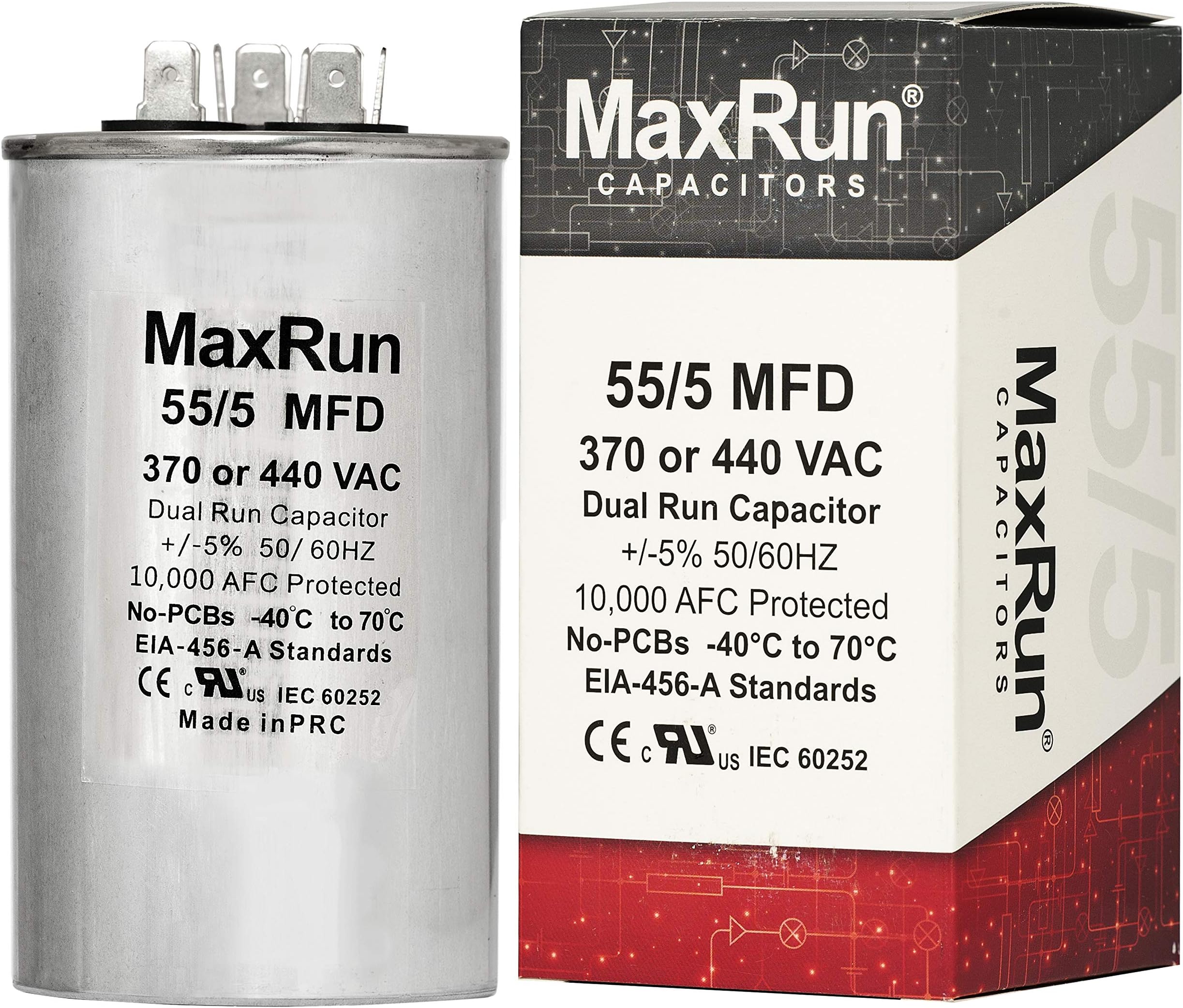 MAXRUN 55+5 MFD uf 370 or 440 Volt VAC Round Dual Run Capacitor for Air Conditioner or Heat Pump Condenser - 55/5 Microfarad Runs AC Motor and Fan - 1 Year Warranty