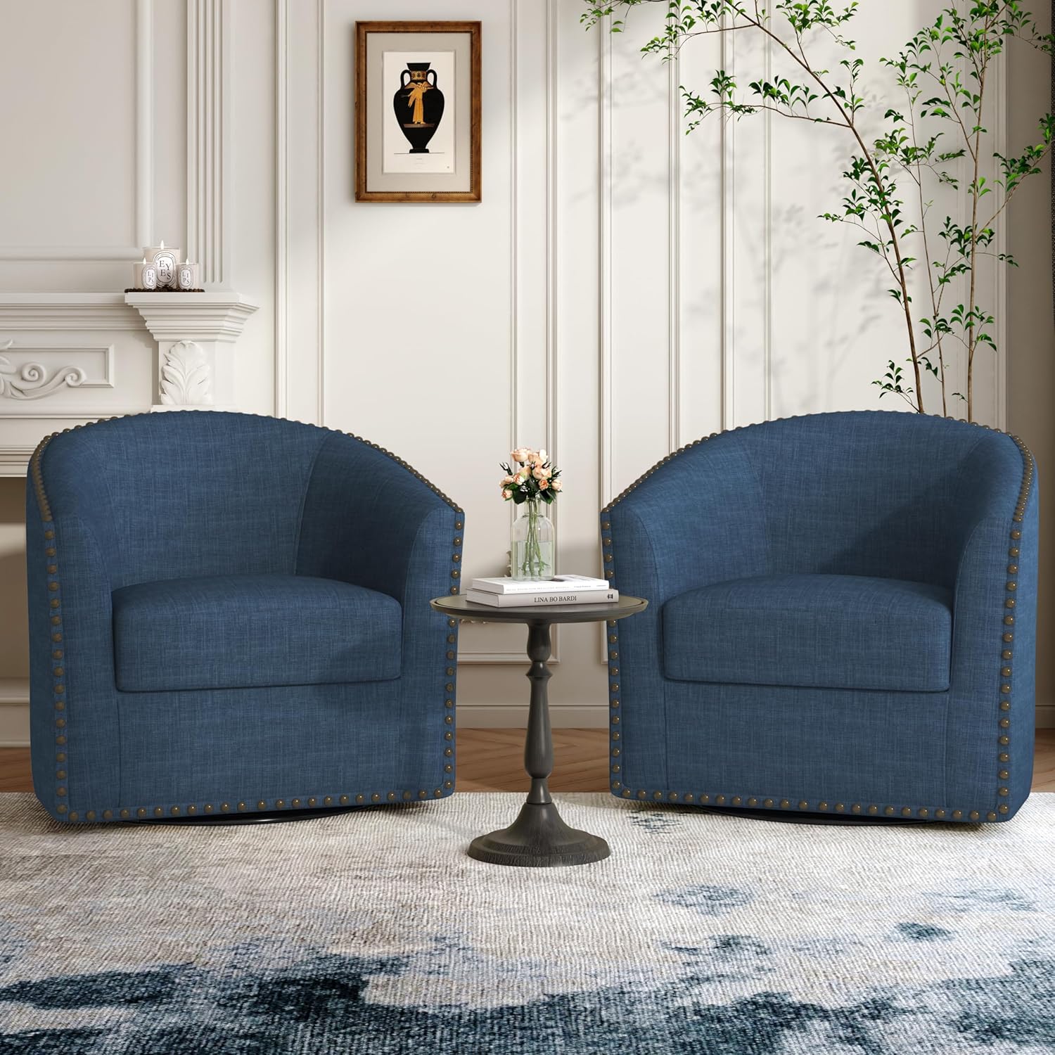 Lumibee 360° Swivel Curved Accent Chair, Round Club Armchair with Comfy Cushion for Small Space, Upholstered Barrel Chair for Living Room Bedroom-Navy Blue (2 Set)