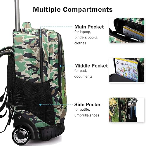 Miniatura 3 de Tilami Mochila con ruedas de 19 pulgadas, linda computadora portátil para niños y niñas, viajes, escuela, viaje para estudiantes, dinosaurio