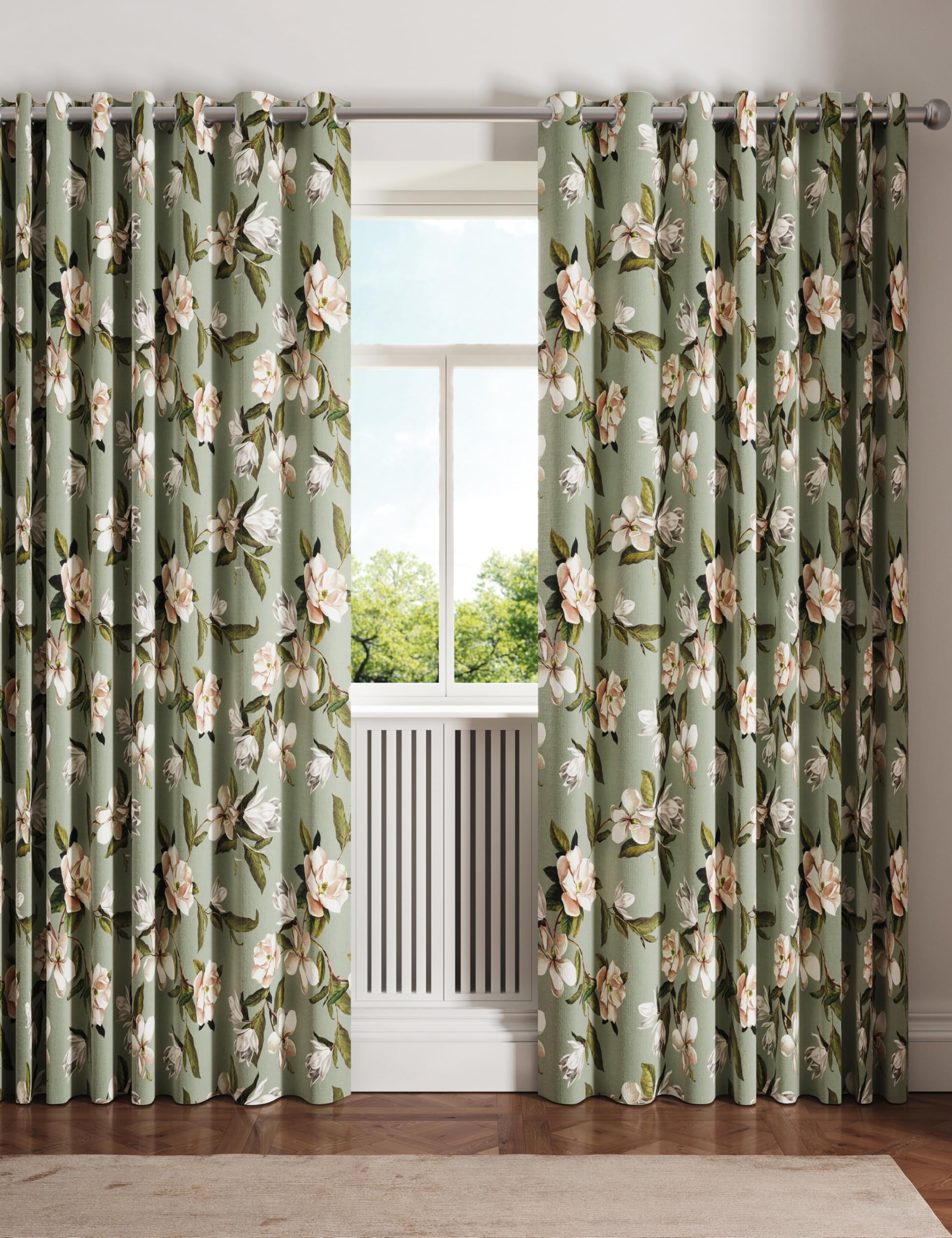 Ted Baker 'Opal Floral' Cotton Lined Curtains in Light Green | Size: 228cm width x 183cm drop