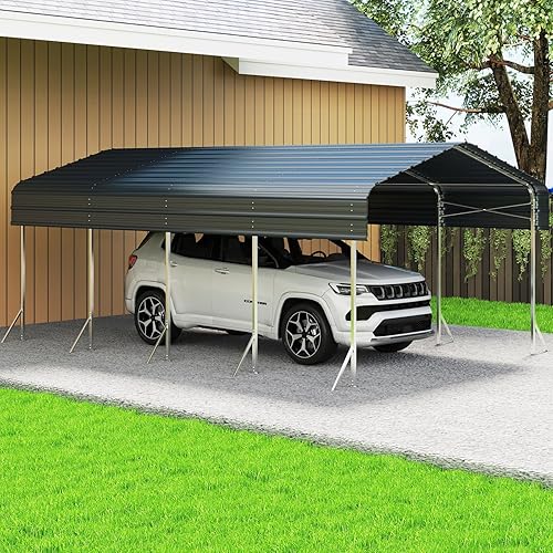 12x20ft Heavy Duty Metal Carport – Outdoor Galvanized Garage, Sturdy Structure, All-Weather Protection, Easy Assembly for Cars, Trucks, Boats, Tractors, and Outdoor Storage (Grey, 12x20FT)