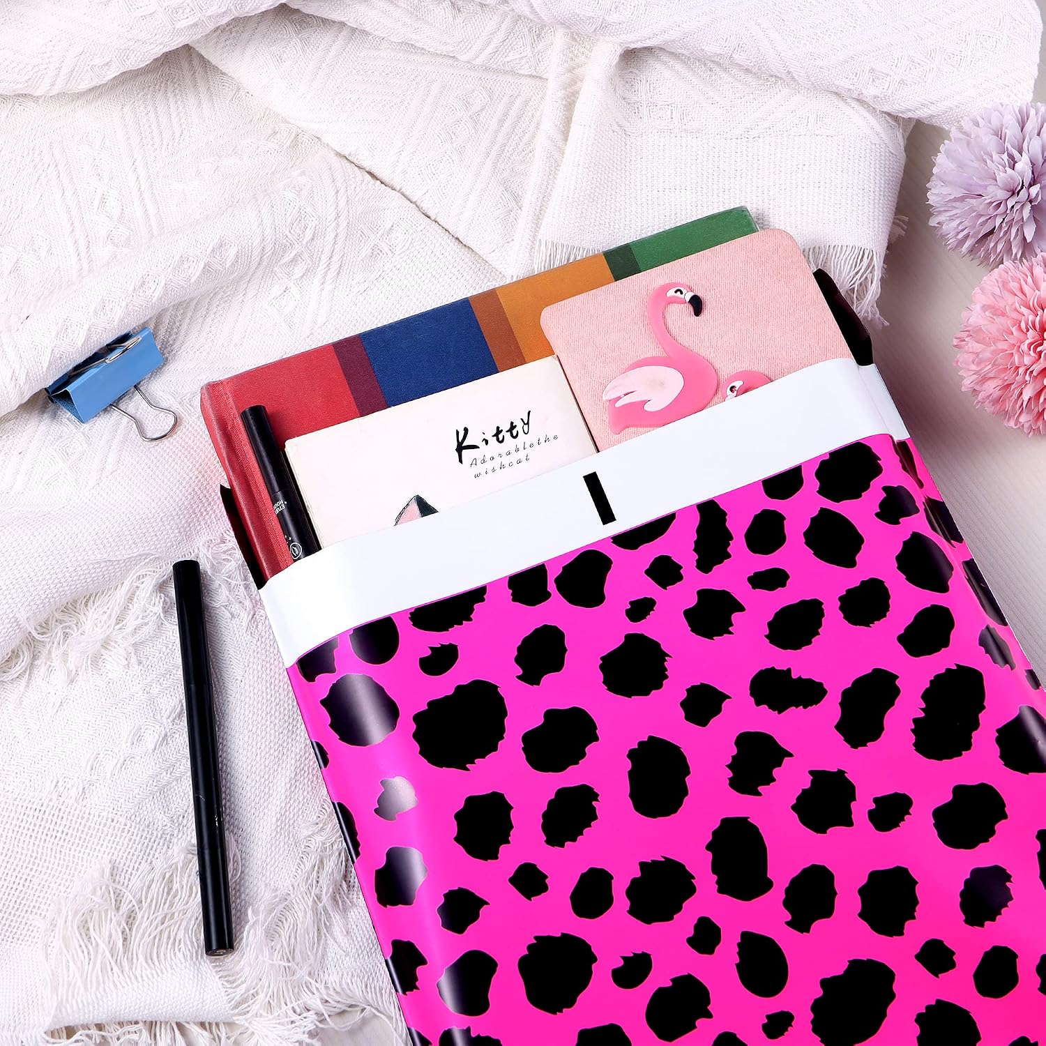 10x13 Inch TONESPAC 100 Pack 3.15Mil Poly Mailers Hot Pink Cheetah Pattern Shipping Bags, Self-Sealing Non-Padded Envelopes for Small Business, Waterproof Poly Mailing Bags - Rose Leopard