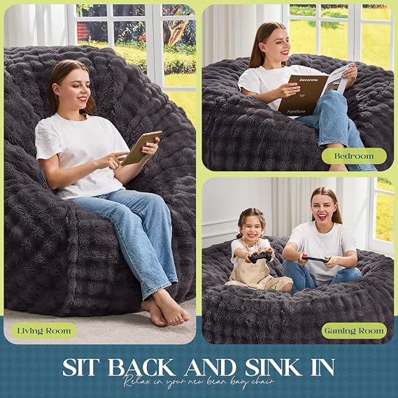 Hobestluk Adults Bean Bag Chair 5FT Big BeanBag Chair Giant Large Oversized | Memory Foam,Washable Cover,Unique Fluffy Bubble,Comfy BeanBag with Filling Lounging Gaming Bedroom LivingRoom | Dark Grey 5FT