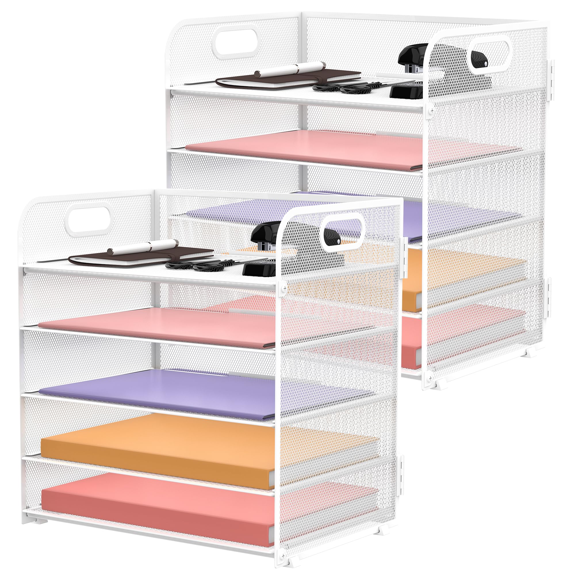 Paquete de 2 organizadores de escritorio blancos de 5 niveles con asa, organizador de escritorio de malla, bandeja de cartas, para oficina, escuela y hogar, fácil instalación