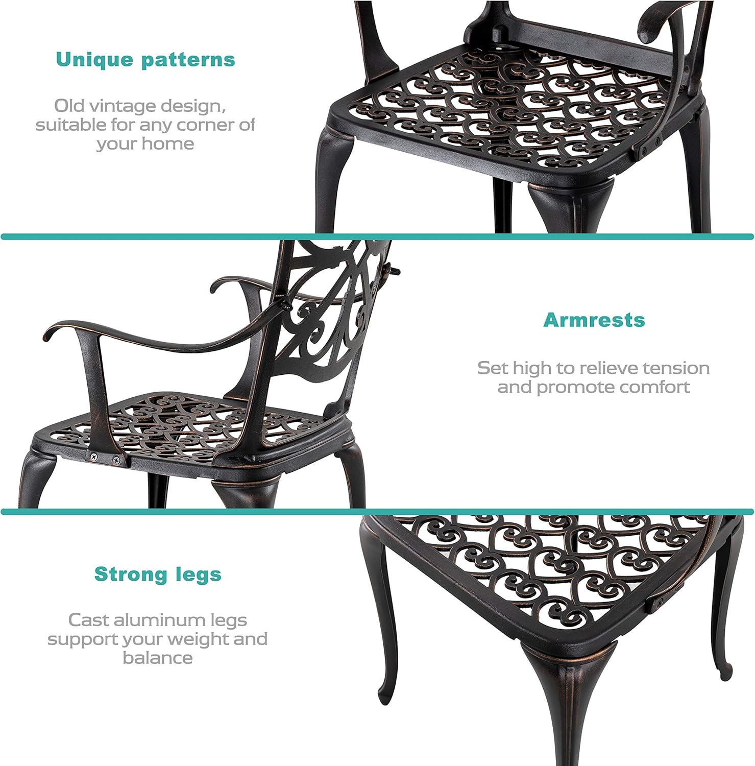 Nuu Garden 3 Piece Bistro Table Set Cast Aluminum Outdoor Furniture Weather Resistant Patio Table and Chairs with Umbrella Hole for Yard, Balcony, Porch, Antique Bronze : Patio, Lawn & Garden