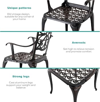 NUU GARDEN 3 Piece Outdoor Bistro Set Cast Aluminum Patio Set Bistro Table Set Rustproof Patio Table and Chairs with Umbrella Hole for Backyard, Balcony, Front Porch, Black