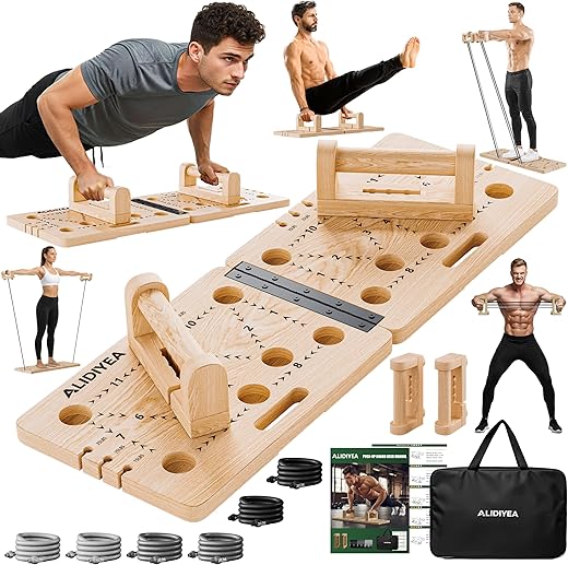 Push Up Board 30 in 1 Foldable with Resistance Bands - Thickened Pine Wood Multi-Push Up Board for Men & Women, Portable Gym/Home Workout Gear for Chest, Shoulders, Arms & Back