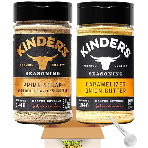 Kinders Prime - Juego de condimentos para carne y hamburguesa  79 onzas de ajo negro y trufa 79 onzas de esponja de cebolla caramelizada y cuchara