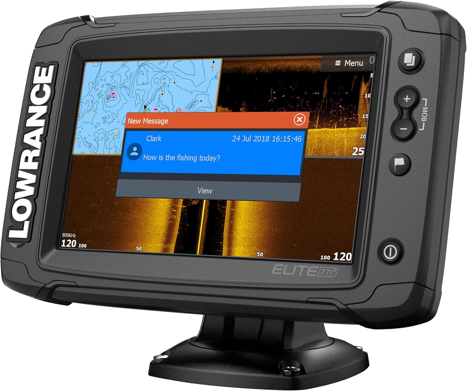 Lowrance Elite-7 Ti2 display showing detailed sonar views including DownScan and SideScan