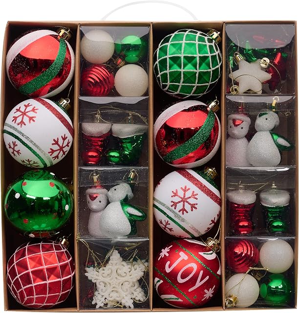 Valery Madelyn 60pcs 3-8cm Shatterproof Christmas Baubles,Country Red Green and White Christmas Ball Ornaments for Christmas Tree Decorations