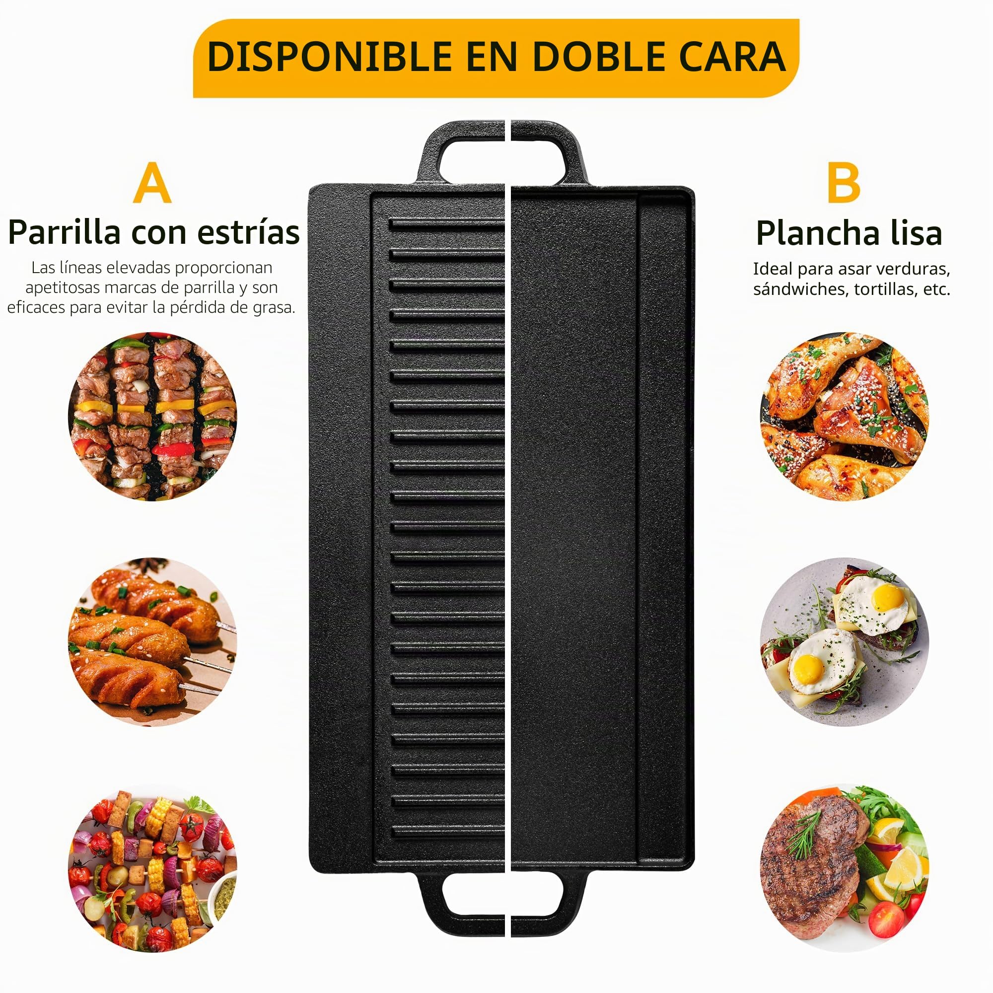 Velaze Placa de hierro fundido con asas, parrilla de hierro fundido de doble cara, de para barbacoa de gas y parrilla eléctrica, sartén para barbacoa, camping, jardín – 42 x 23 cm