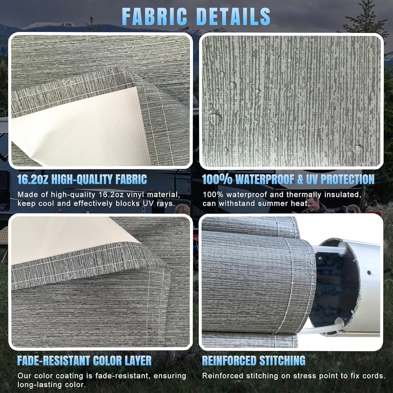 16ft RV Awning Fabric Replacement Compatible with Dometic, Carefree, Solera - Heavy Duty 18.5oz Vinyl Waterproof Canopy for Camper Trailer 16' (Fabric 15'2") Grey Fade