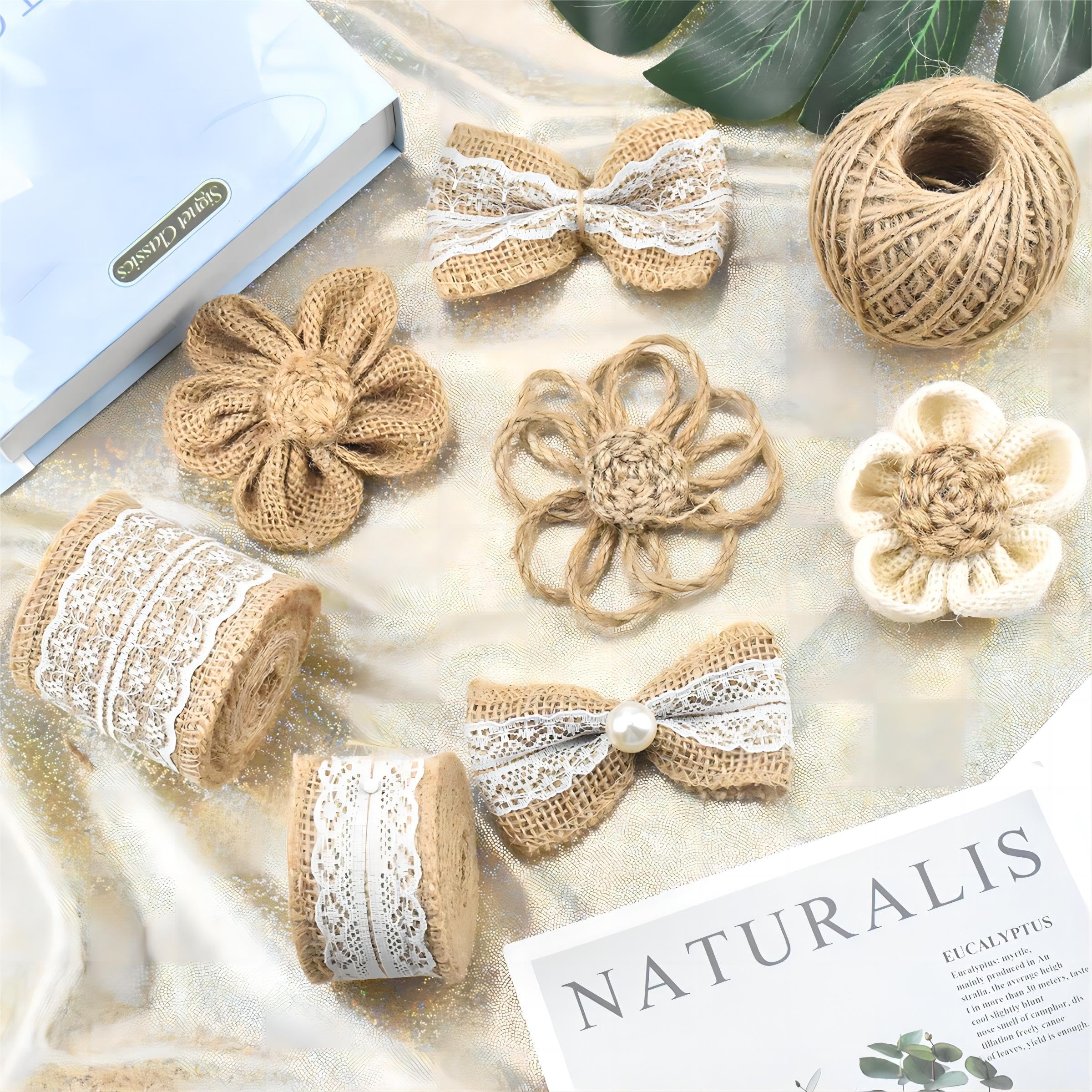 24 Fiori Di Iuta Fai Da Te: Set Completo Con Nastri In Pizzo E Corda Per Decorazioni Rustiche Matrimonio E Casa - 3