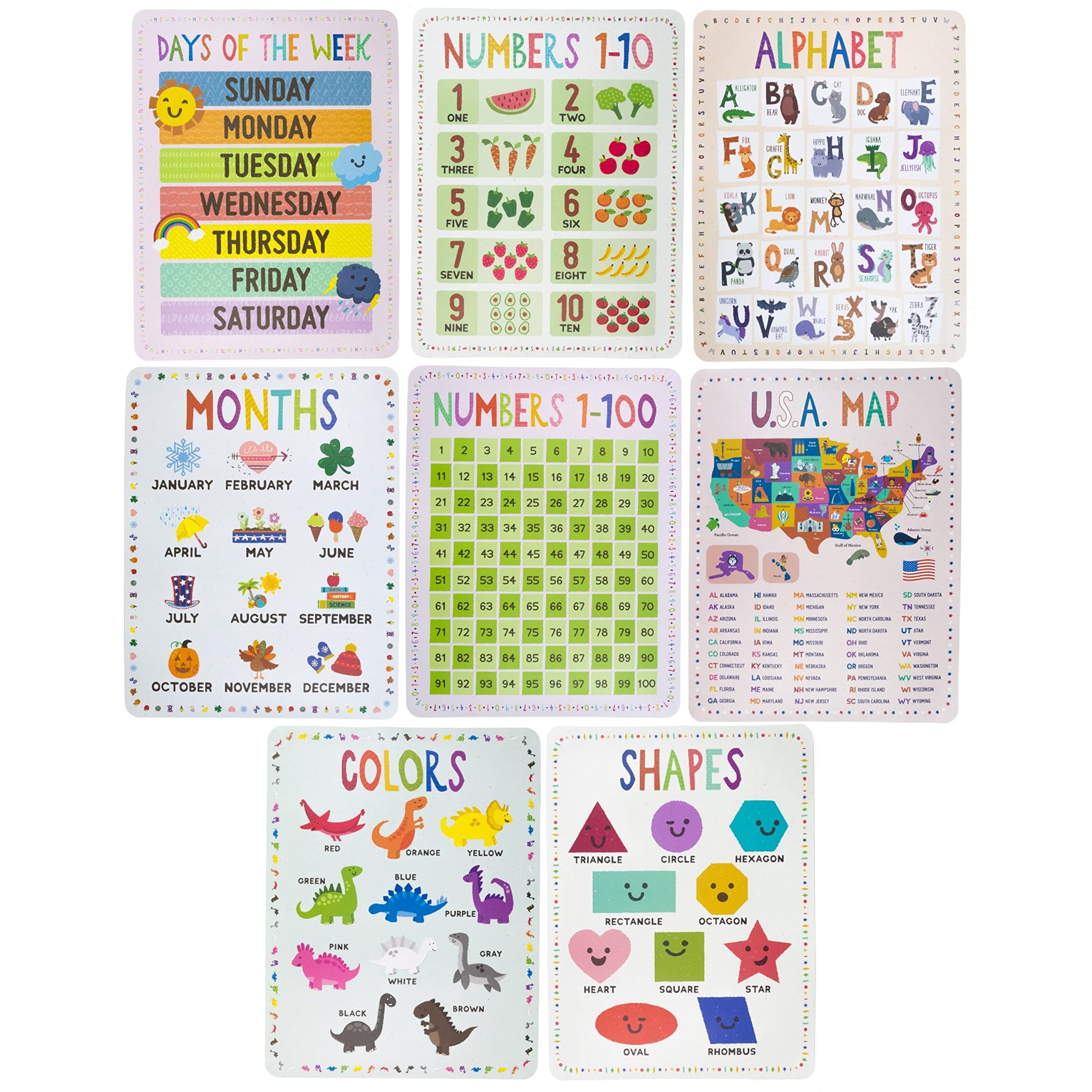 8-Pack Reversible Classroom Wall Posters 22" x 17" - Learn The Alphabet, Colors, Days, Months, Numbers, Shapes, & USA Map - Educational Posters by Pint-Size Scholars - Image 2