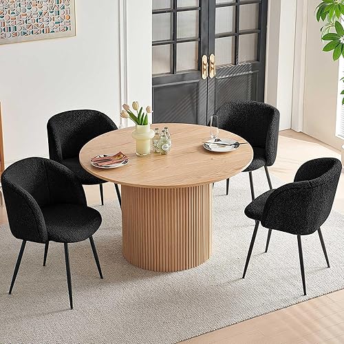 Miniatura 17 de Juego de comedor moderno de 5 piezas con mesa redonda y 4 sillas de barril color blanco mate para cocina, mesa de cocina de 47" de madera con tapa