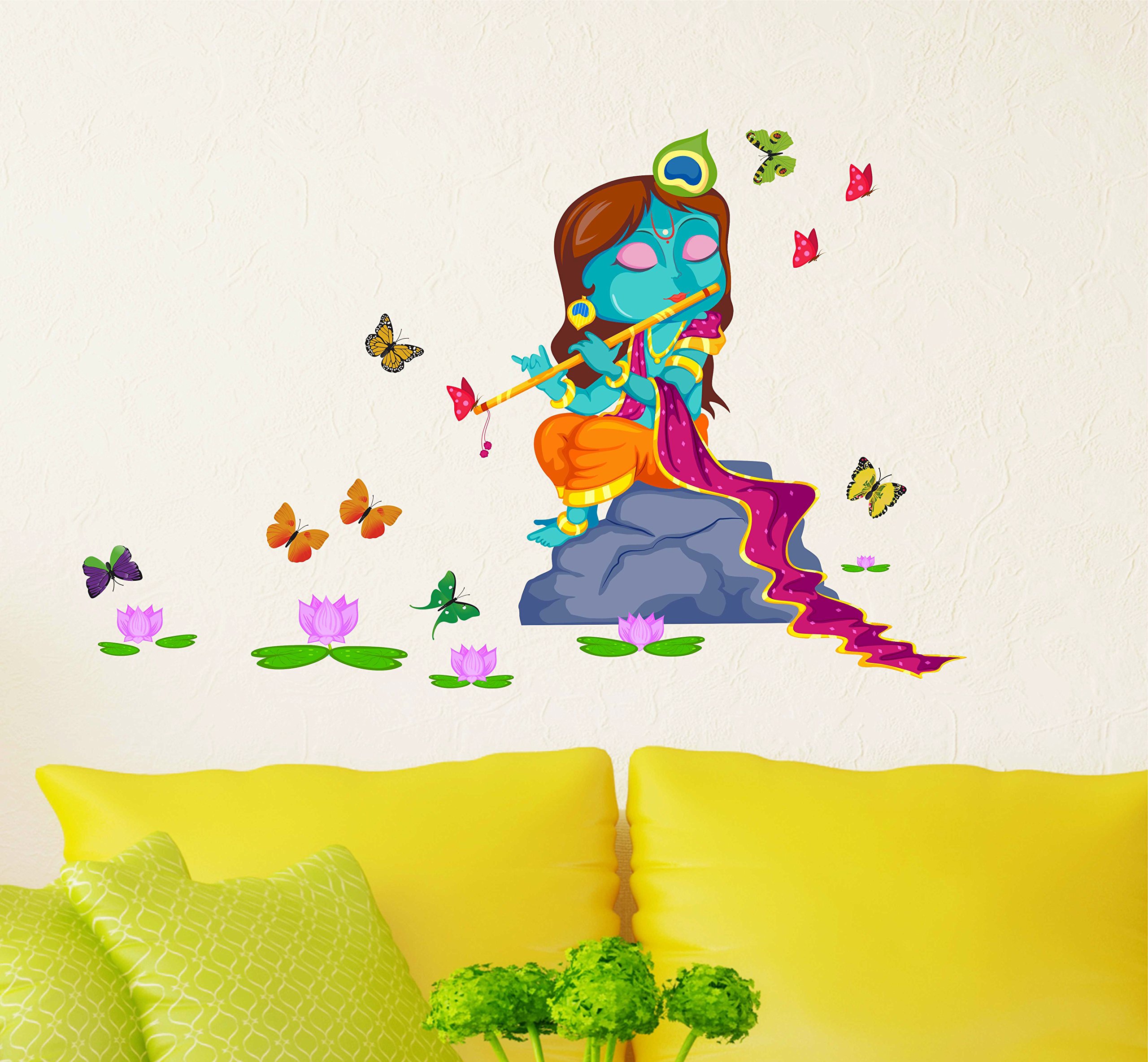Decals Design 'Lord Krishna with Flute in Butterfly Background' Wall Sticker (PVC Vinyl, 50 cm x 70 cm),Multicolour