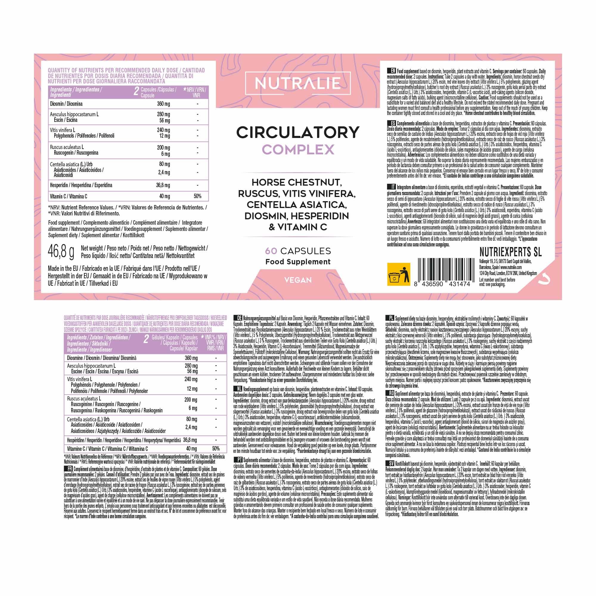 Circulación Complex 1330mg - Diosmina Hesperidina Vid Roja - Circulación Piernas Pesadas - Castaño Indias Centella Asiática Rusco Vitamina C - 60 Cápsulas Nutralie (Paquete de 2)