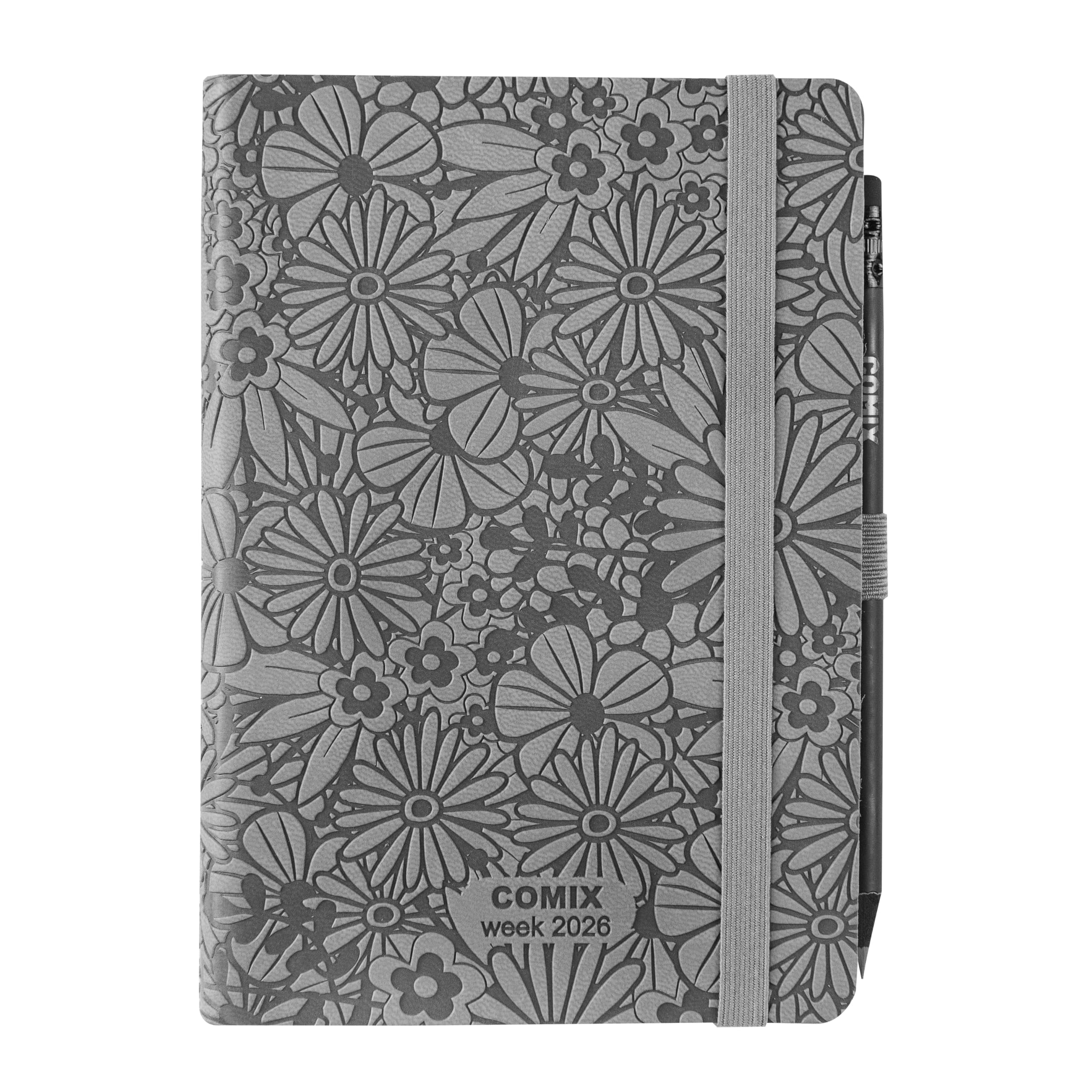 COMIX Medium - 2026 12 Months, Weekly Diary, with Elastic Loop for Pencil or Pen, Closure with Elastic Band and Bookmark, Comix Pencil Included, 10.7 x 15.9 cm Flow
