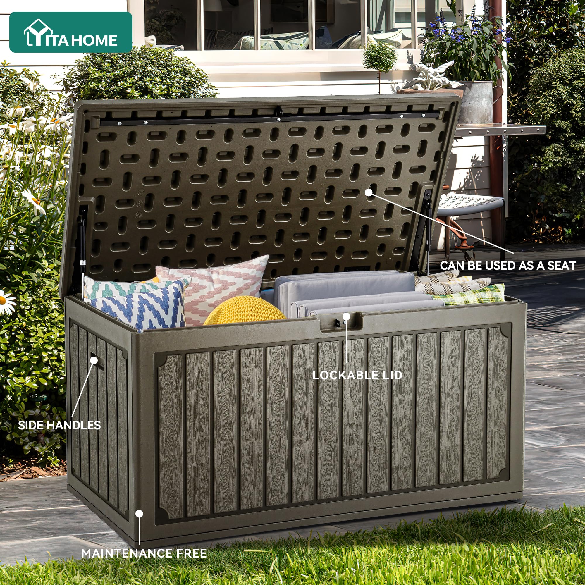 YITAHOME Scatola portaoggetti da giardino 303L, in resina HDPE, con coperchio bloccabile e maniglie laterali, panca portaoggetti impermeabile per mobili da patio, cuscini, attrezzi da piscina e