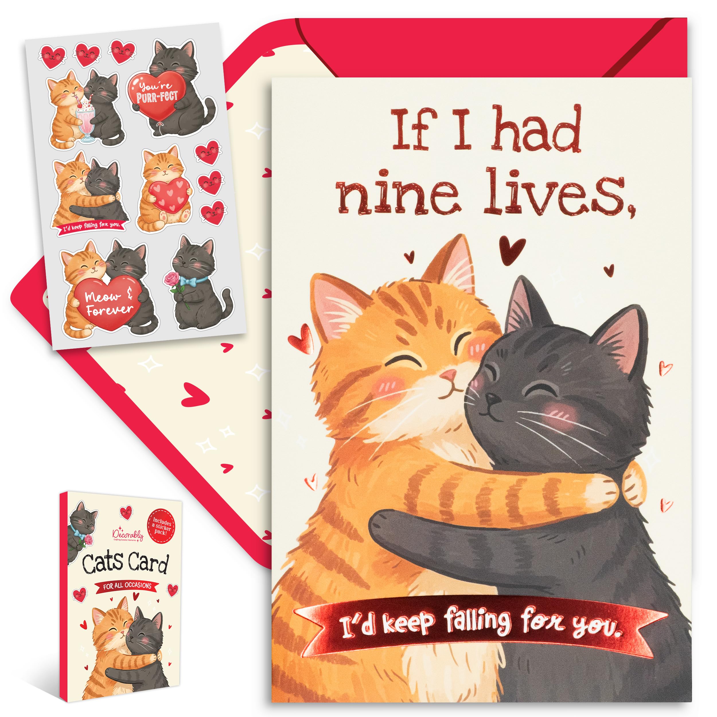 Decorably Red Foil 5x8in Individual Funny & Cute Cat Valentines Day Cards for Him, Her with Envelope & Stickers for Husband, Wife, Loved Ones, Blank