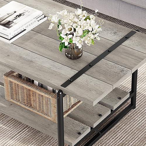 Miniatura 4 de Towallmark Mesa auxiliar de madera de 2 niveles, mesa de centro de granja con estante de almacenamiento, centro rectangular de metal rústico, mesa