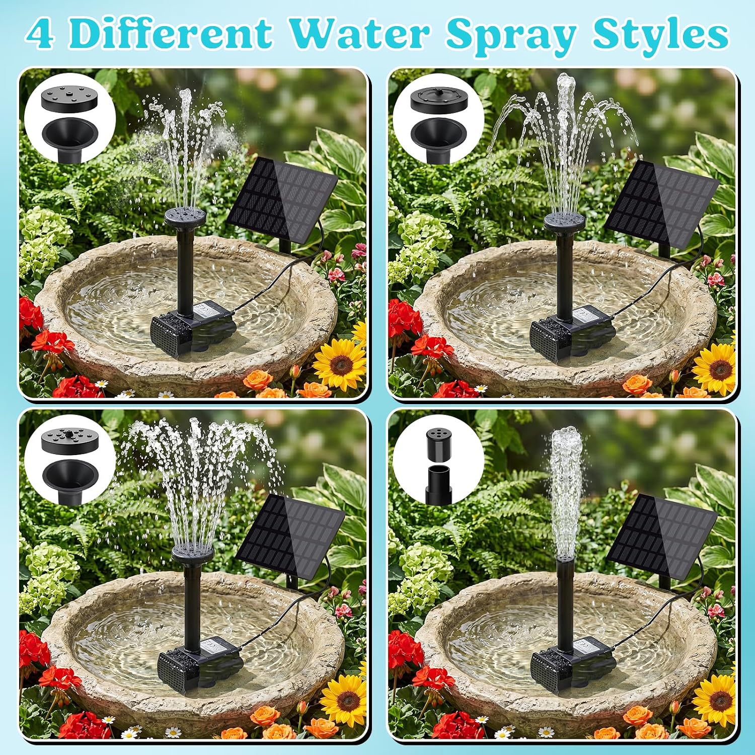 Solar Powered Fountain Pump, DIY Solar Water Pump Kit with 9.84FT Power Cord & 4 Nozzles, 2W Solar Fountain for Bird Bath, Patio, Garden, Small Pond