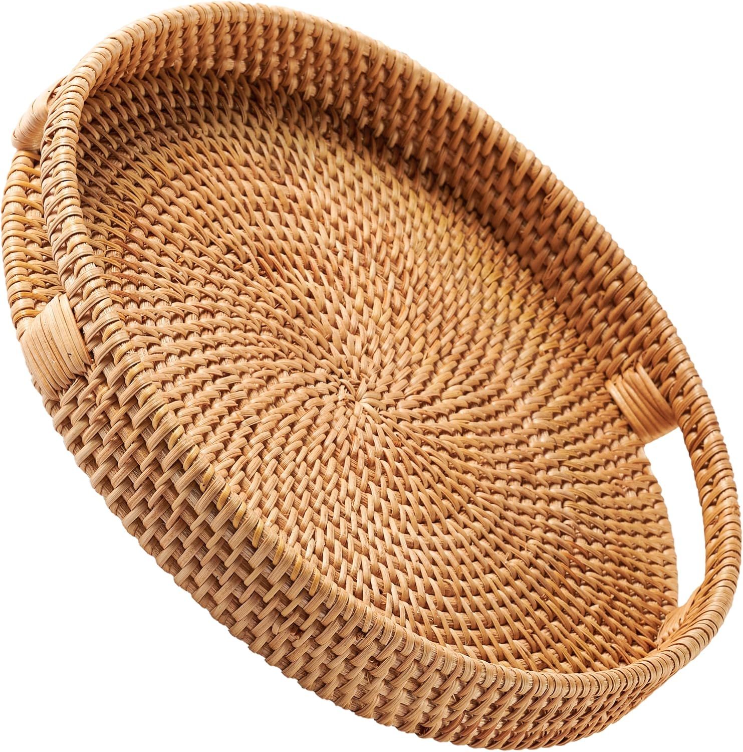 Large Rattan Serving Tray 14" in Natural Honey Colour • Woven Serving Trays with Handles for Home • Round Dining Table Tray • Wicker Serving Basket 14.2" Natural Honey