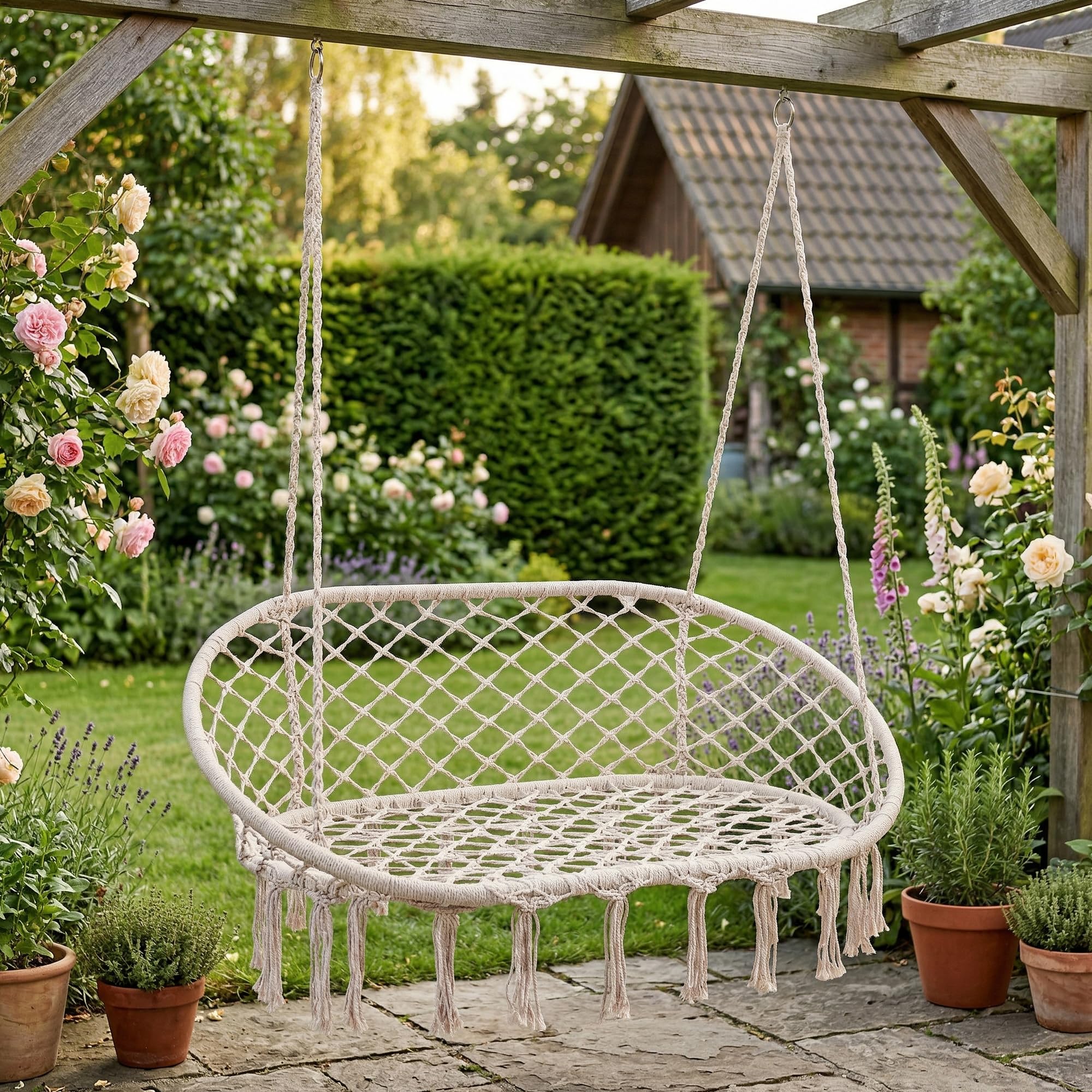casa.pro Fauteuil Suspendu Kailua Balancelle pour 2 Personnes avec Large Assise 135 x 129 x 65 cm Tressé Style Bohème Indoor Outdoor Capacité de Charge 200 kg Blanc Crème