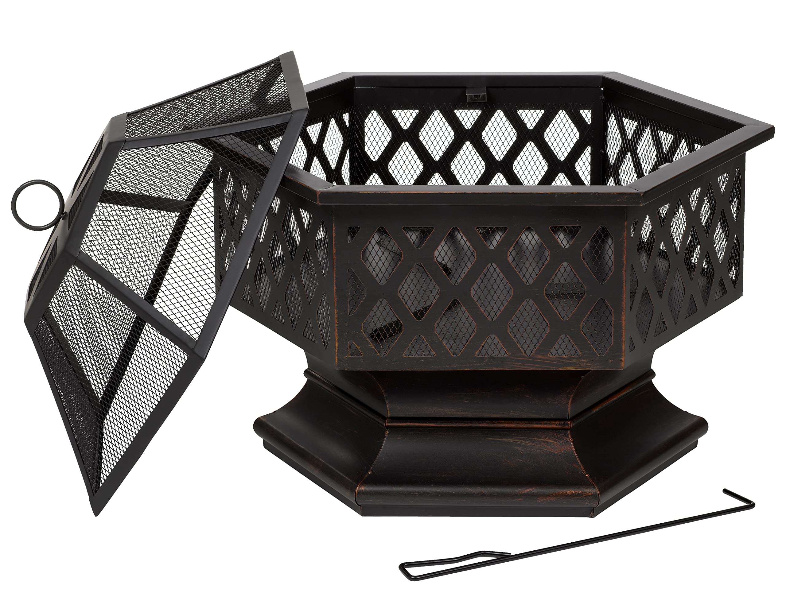 tepro Feuerstelle Farview – sechseckige Garten-Feuerstelle in gebürsteter Bronze-Optik mit Gitterdeckel & Schürhaken – Hexagon-Feuerschale mit hitzebeständiger Lackierung, 70 x 60,5 x 62 cm