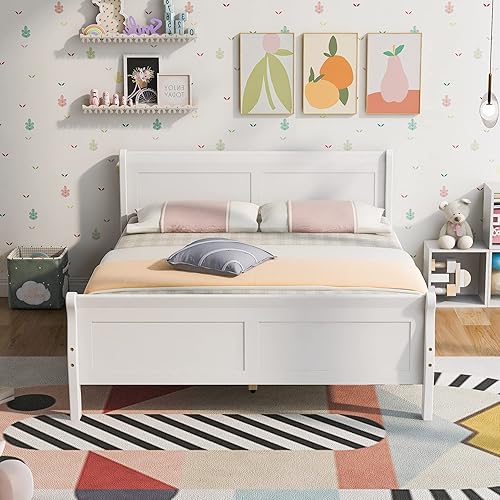 Miniatura 7 de AOCOROE Base de cama matrimonial para niños, niñas, adolescentes, cama de plataforma de marco de madera maciza de tamaño matrimonial con cabecera de