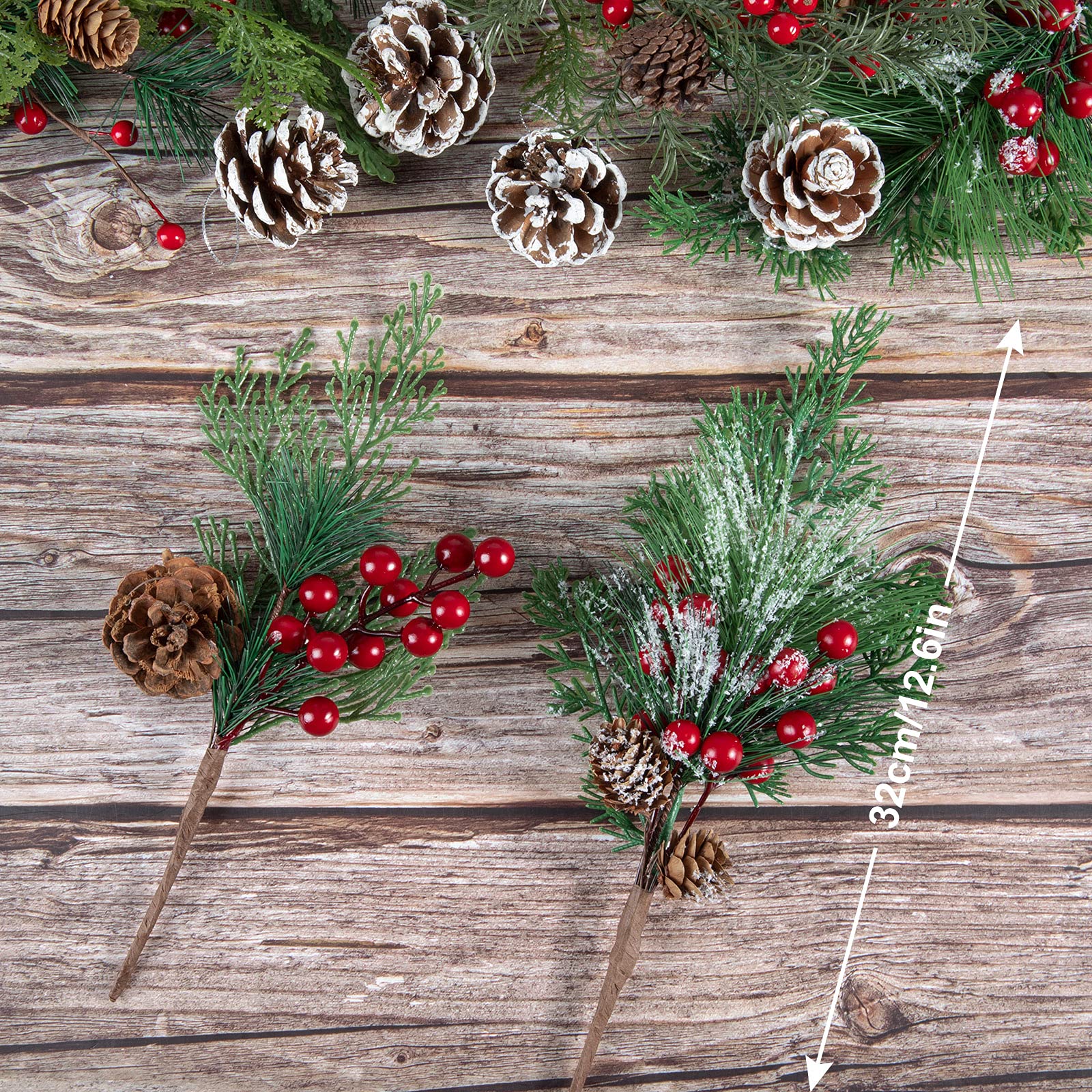 AnyDesign Weihnachtsspieße, künstliche Beeren, Tannenzapfen, Stiele, 4 Stile, künstliche Tannenzapfen, rote Beeren, Stiel, Sprühzweige für Kunst, Handwerk, Kranz, Girlande, Weihnachtsdekoration