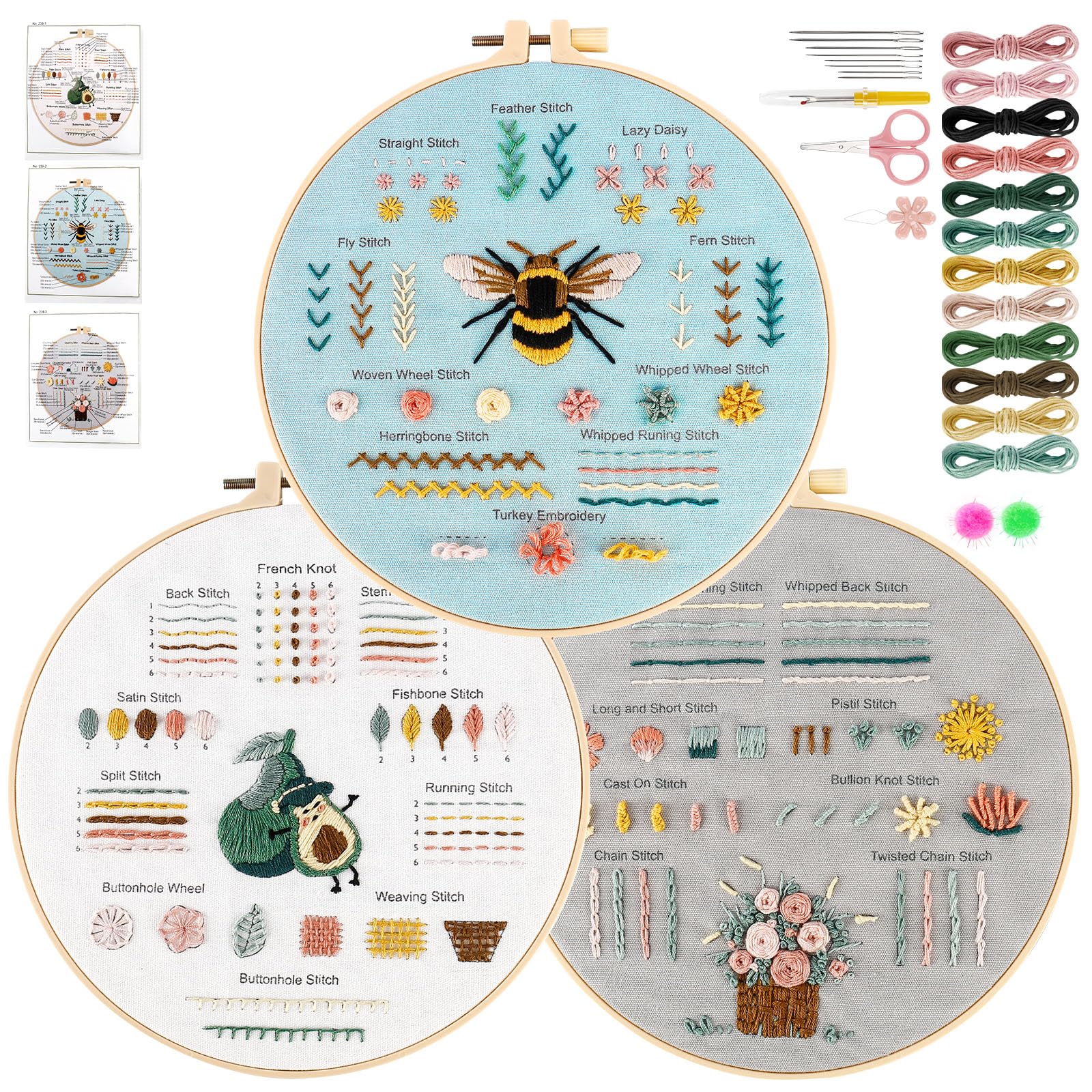 Estefanlo Embroidery Kit for Beginners-3 Sets Printed Patterns Cross Stitch Kits,Embroidery Crafts for Adults Beginners with Easy to Follow Instructions and Video Tutorials