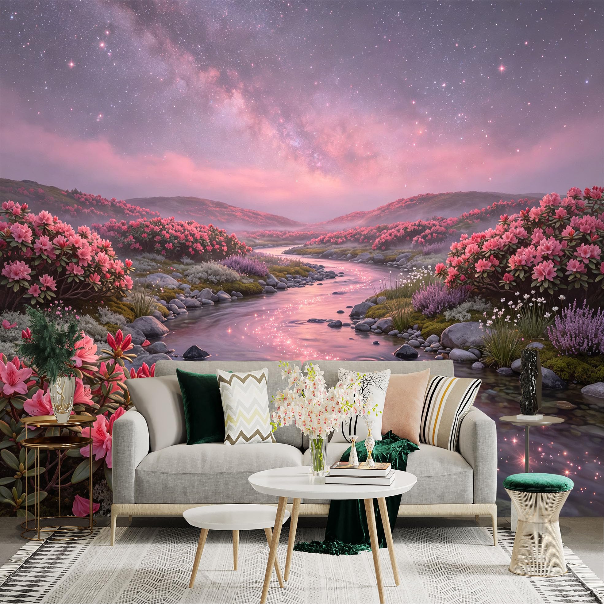 Lnzczhyre Bh260719313 Custom Size Wall Sticker Mural， Pink Rhododendron Flowers， Flowing Stream， Dreamy Misty Valley， Twilight Starry Sky， For Wall Decoration， Peelandstick Wall Decals.