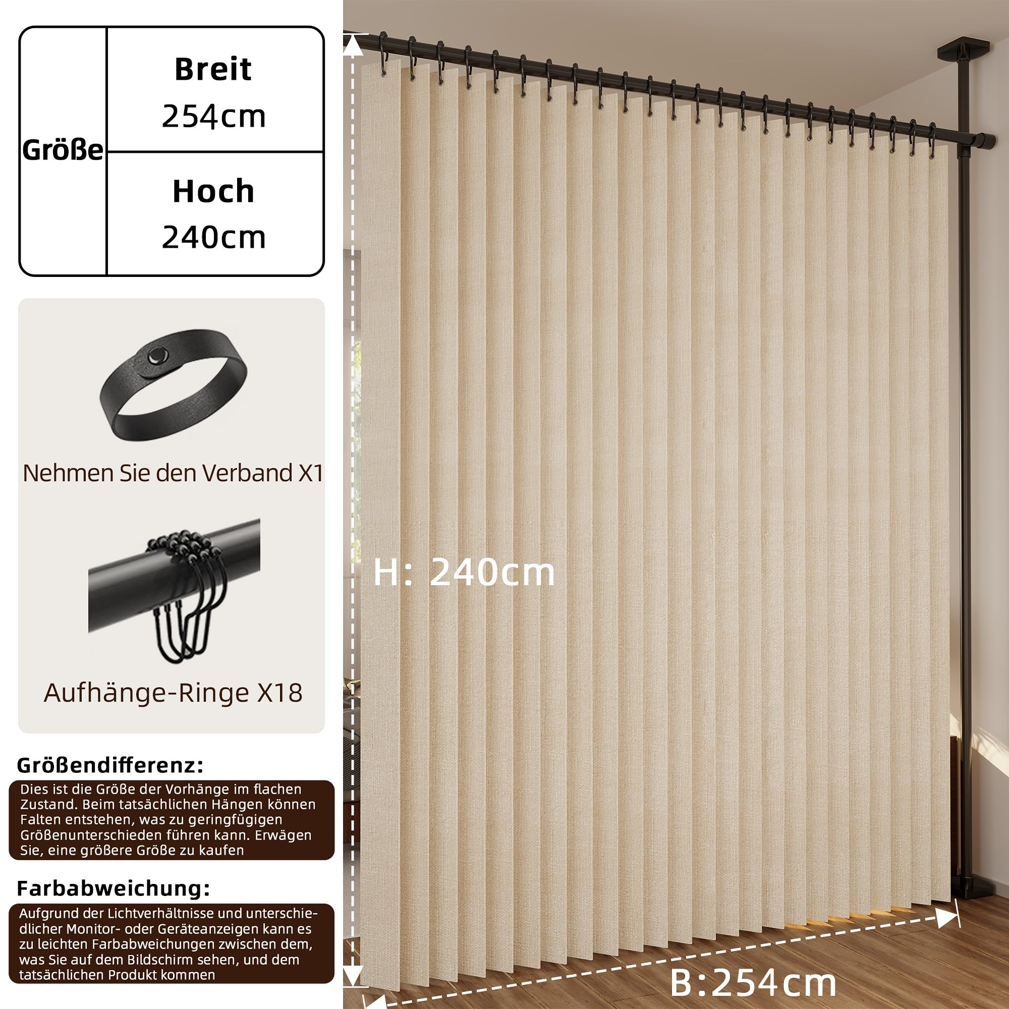 Raumteiler Vorhang Extra Breit – Trennvorhang Faltbar mit 3D Akkordeon-Design, Sichtschutz für Schlafzimmer & Büro, Raumtrenner inkl. Metallhaken & Leder-Strap (Beige, H240 x B254 cm)