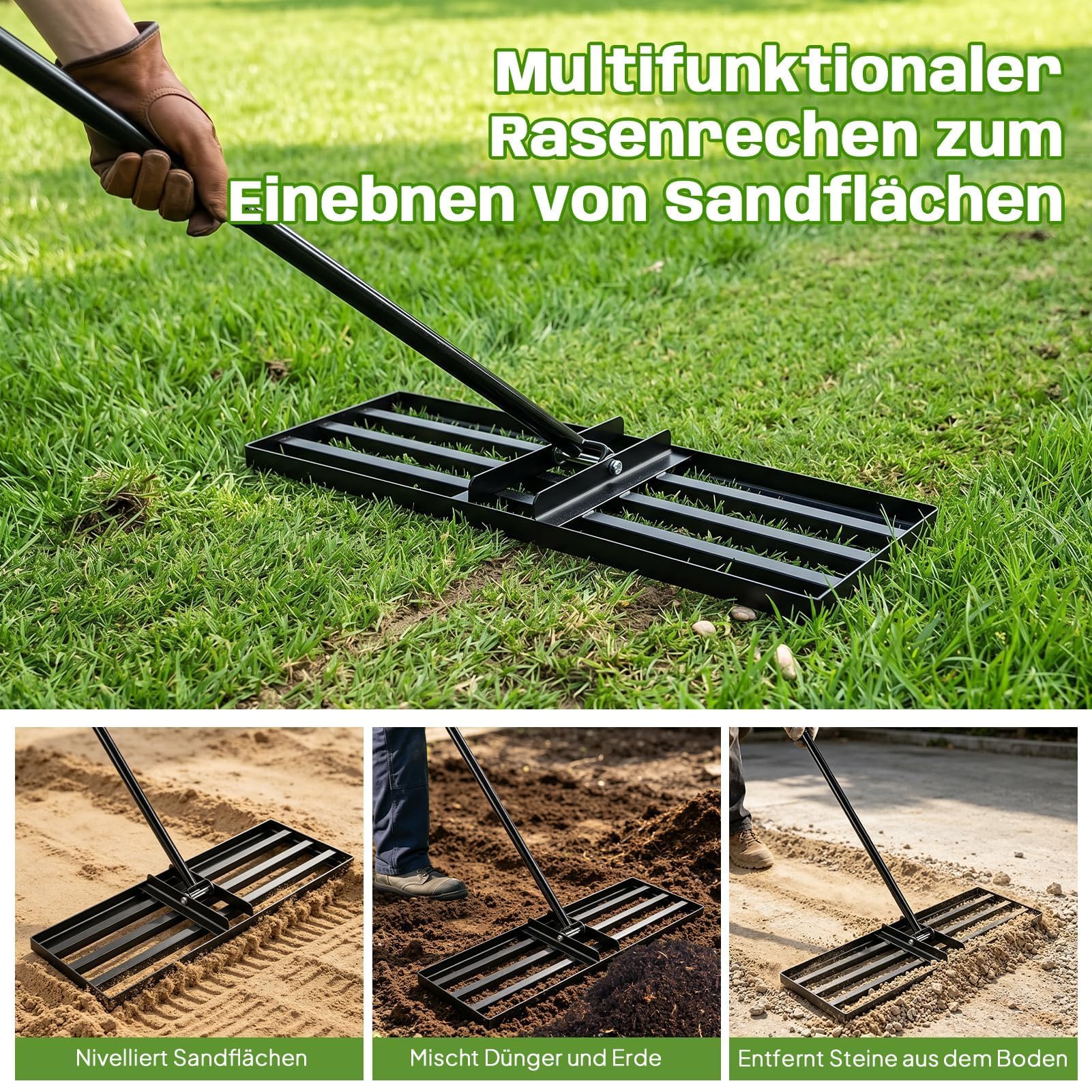 Nivelador de césped con mango regulable de 200 cm, rastrillo de nivelación de césped de 76 x 25 cm, de acero al carbono, rastrillo de césped para nivelar para jardín, patio y cuidado del césped