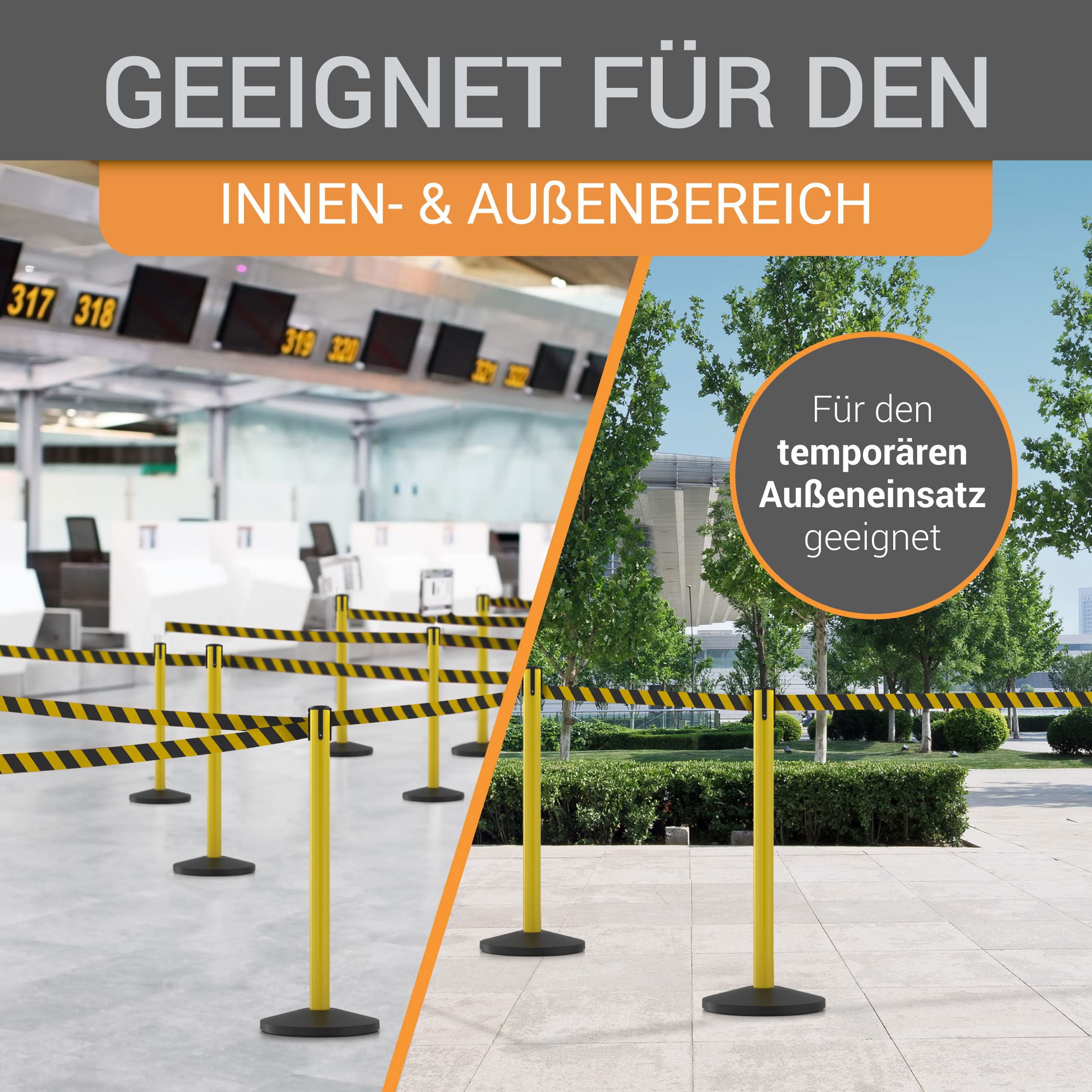 Absperrpfosten Set - 4-teilig - 100 cm hoch, 3 m Gurtlänge, Metallgelb mit ausziehbarem Gurtband schwarz/gelb - Absperrsystem für Personenführung