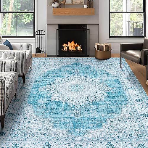 DECOMALL Kalina - Alfombra lavable de 8 x 10 pies, estilo bohemio, vintage, plegable, grande para sala de estar, dormitorio, azul y blanco