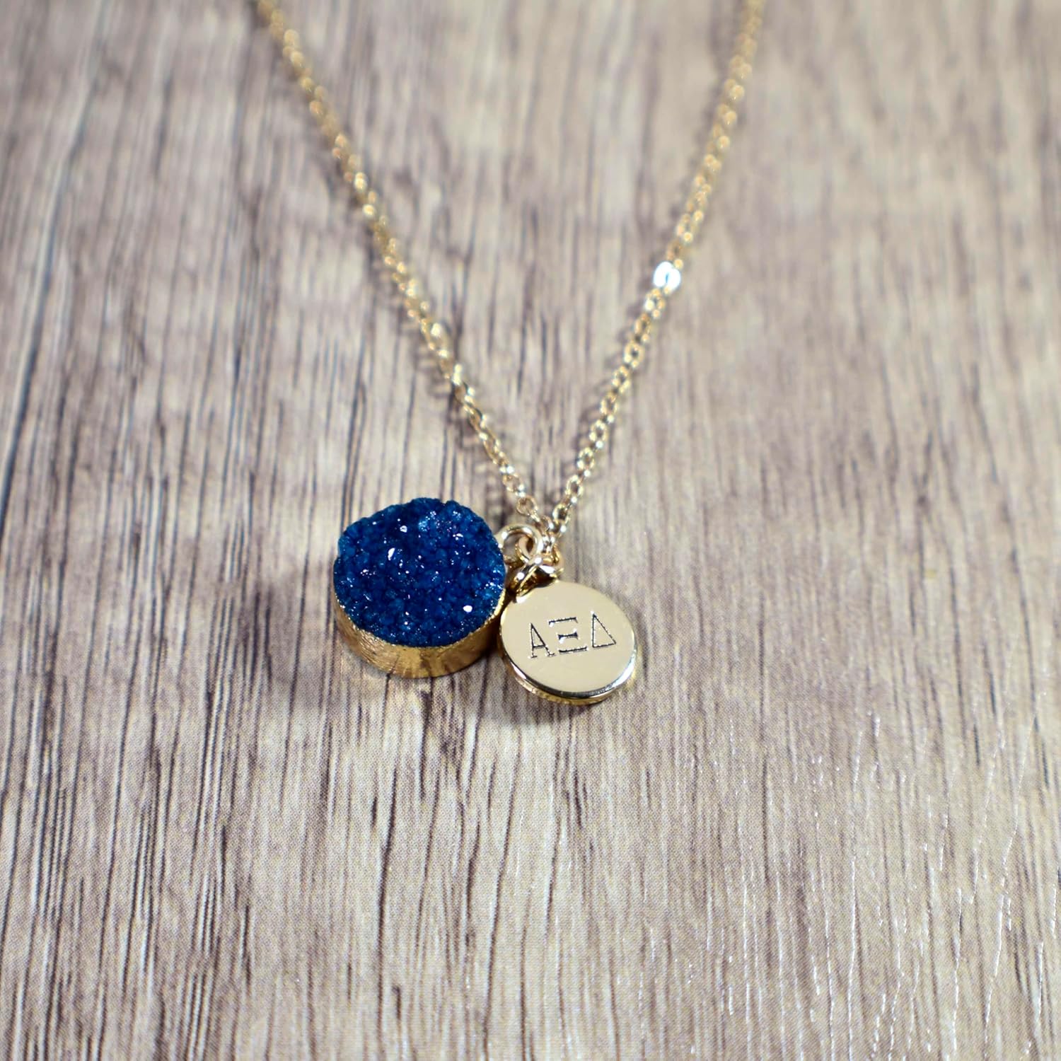 Sorority Shop AXD Necklace - Alpha Xi Delta Blue Druzy Gemstone Necklace With Engraved Pendant – 14k Gold Dipped Jewelry with Blue Gemstone – Sorority Gift, Charm Paraphernalia - Image 5