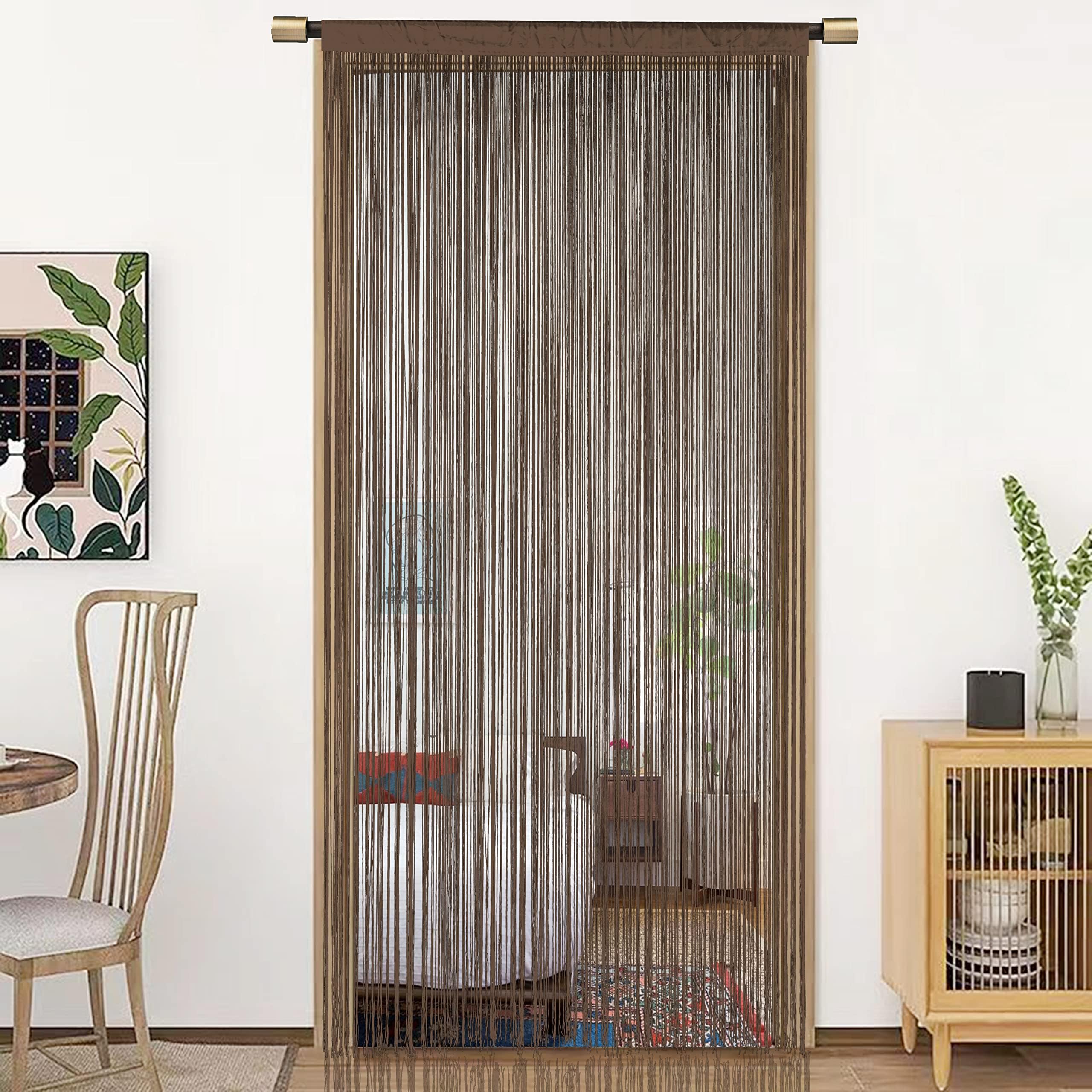 HSYLYM Spaghetti String Curtains for Doorways Privacy Door Frame Tassel Hippy Wall Kitchen Hallway Boho Fringe Curtain Hanging Door Room Dividers Decor 1 Panel（39×79in/100×200cm,Coffee）