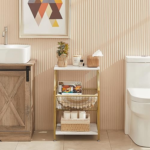 Miniatura 21 de VECELO Mesita de noche de 3 niveles con soporte para revistas en forma de V, mesita de noche pequeña con estante de almacenamiento abierto para sala