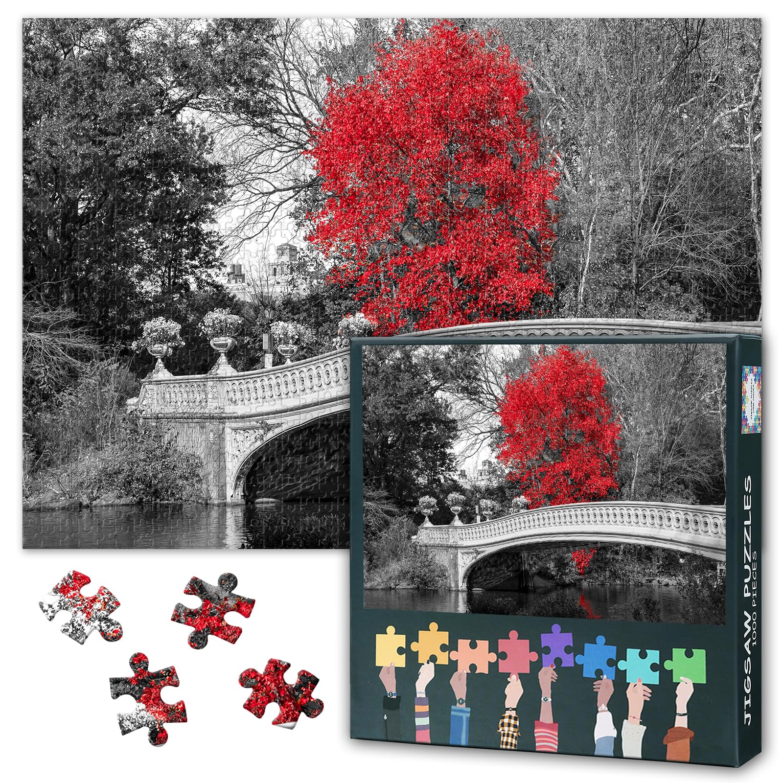 Puzzles for Adults 1000 Pieces Black and White Bridges and Red Tree Jigsaw Puzzles Modern Home Decor Unique mental Exercise Challenging Family Game Finished Puzzle Size: 70x50cm