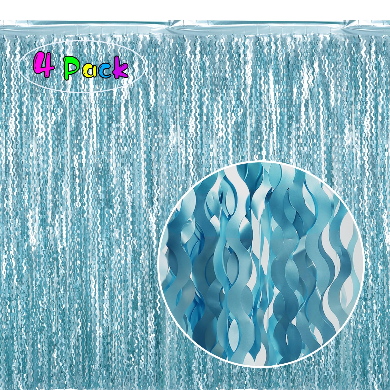 4 Pack Wavy Blue Foil Fringe Curtain 3.3x6.6 Feet | Blue Streamers Tinsel Backdrop for Under The Sea Party Decorations | Ocean Backdrop | Mermaid Birthday Decorations
