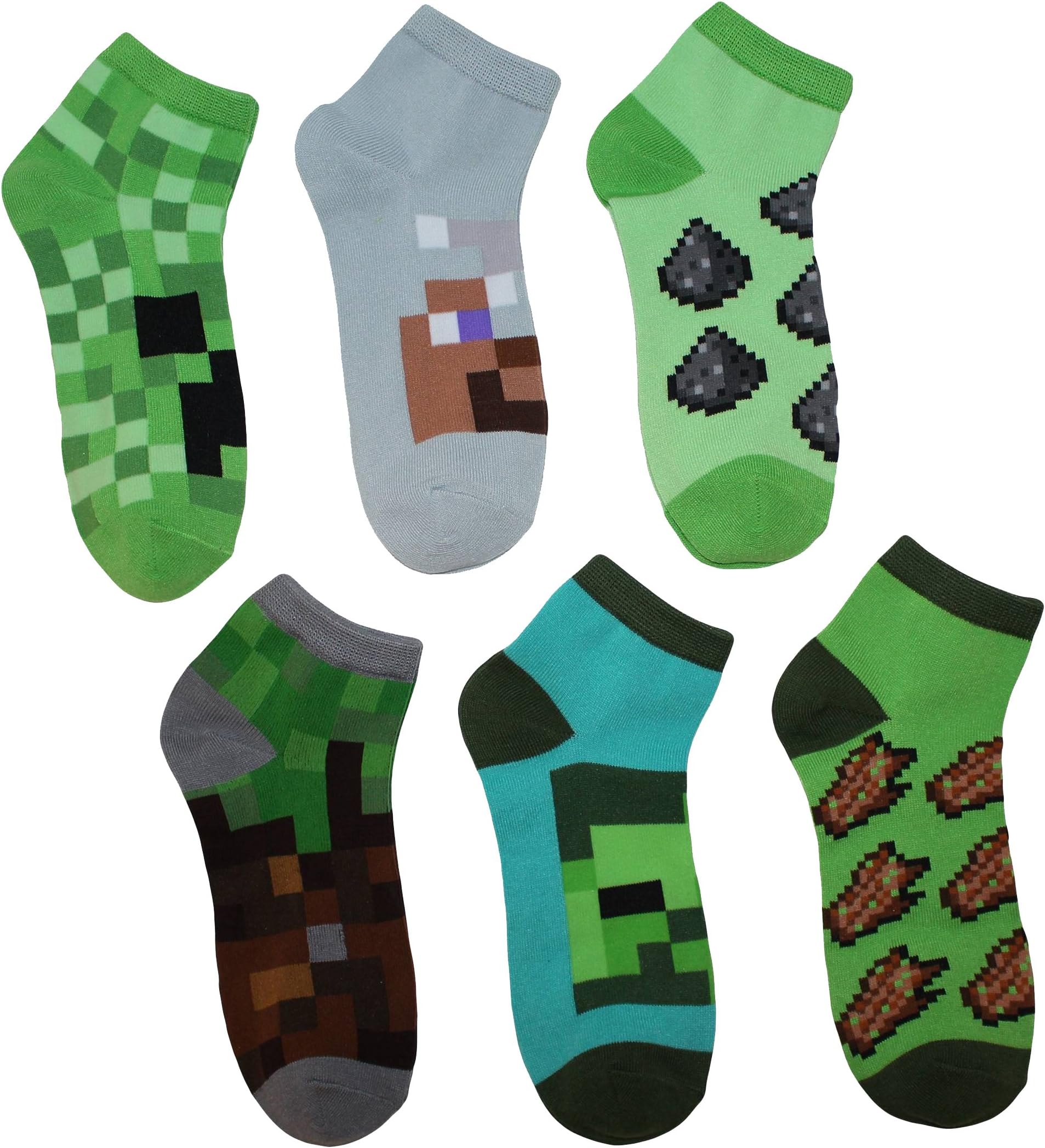 Minecraft Creeper Boys Ankle Socks 6 Pairs M/L Shoe Size 3-10