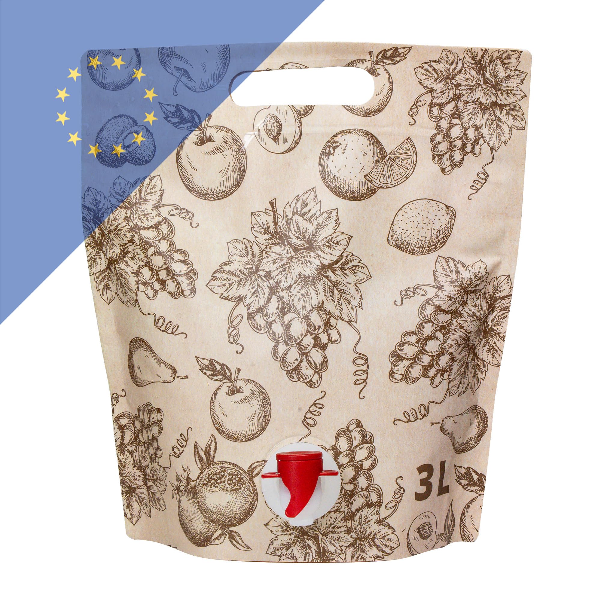 50 STK. Standbeutel mit Fruchtmotiv 3L Bag in Box – Ideal für Saft, Wein, Flüssigkeiten – Auslaufhahn & Tragegriff – BPA-frei – Wiederverwendbarer Getränkebeutel