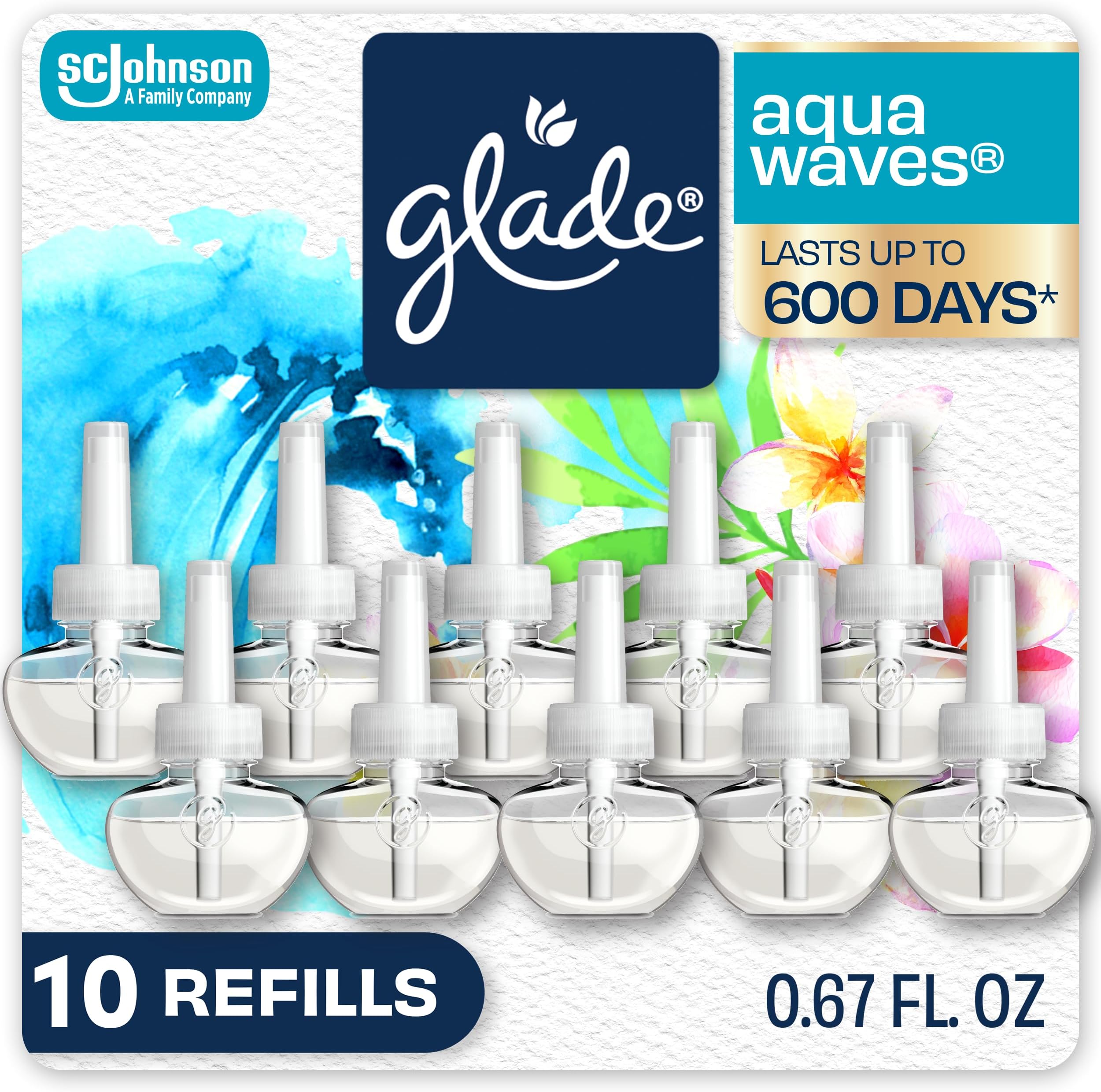- Glade PlugIns Refills Air Freshener, Scented and Essential Oils for Home and Bathroom, Aqua Waves, 6.7 Fl Oz, 10 Count