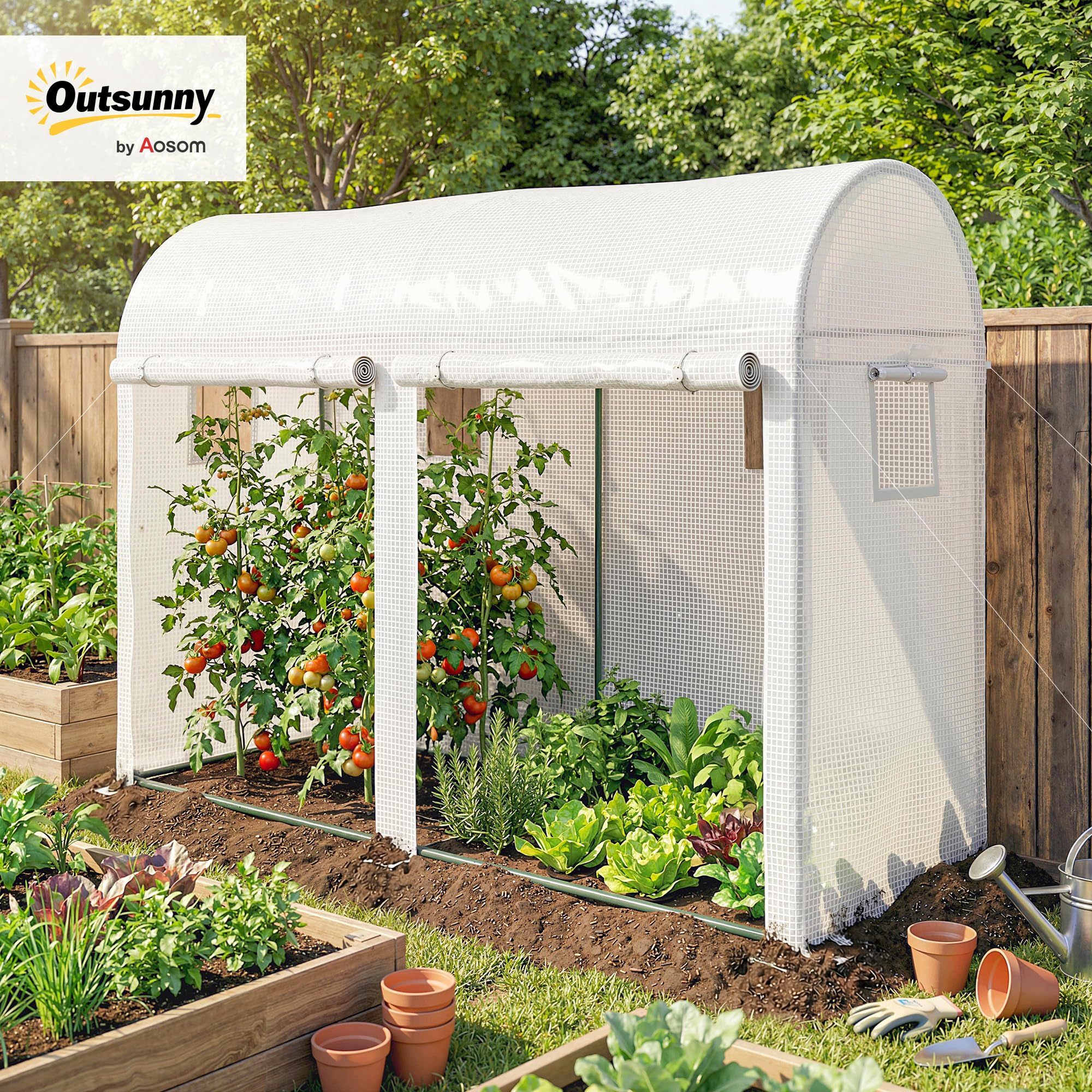 Outsunny Serra da Giardino 3x1x2m con 2 Porte Avvolgibili e 4 Finestre, Serra per Orto, Struttura Acciaio e Copertura PE, per Piante Verdure Fiori Frutta, Anti UV, Bianco